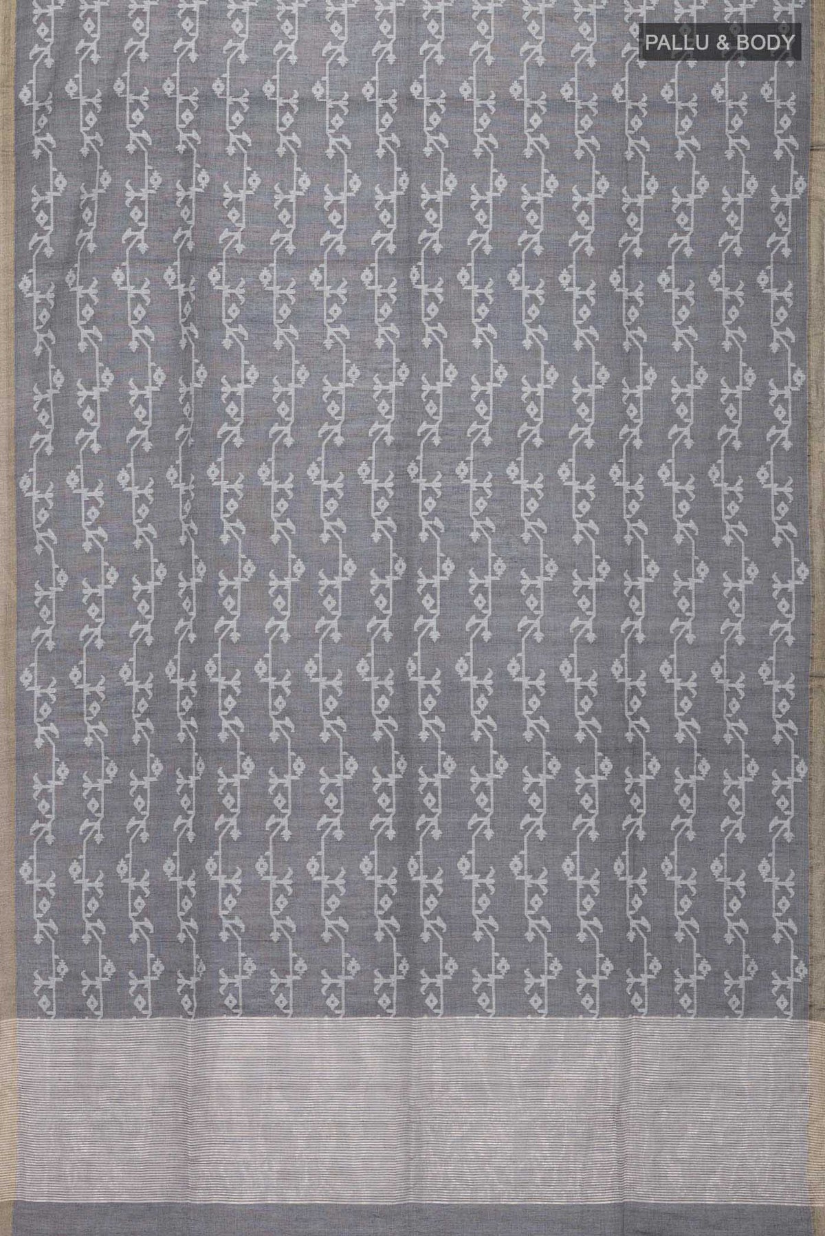 Flat view of Grey Bengal Cotton Saree with Jamdani on the body and Zari Border
