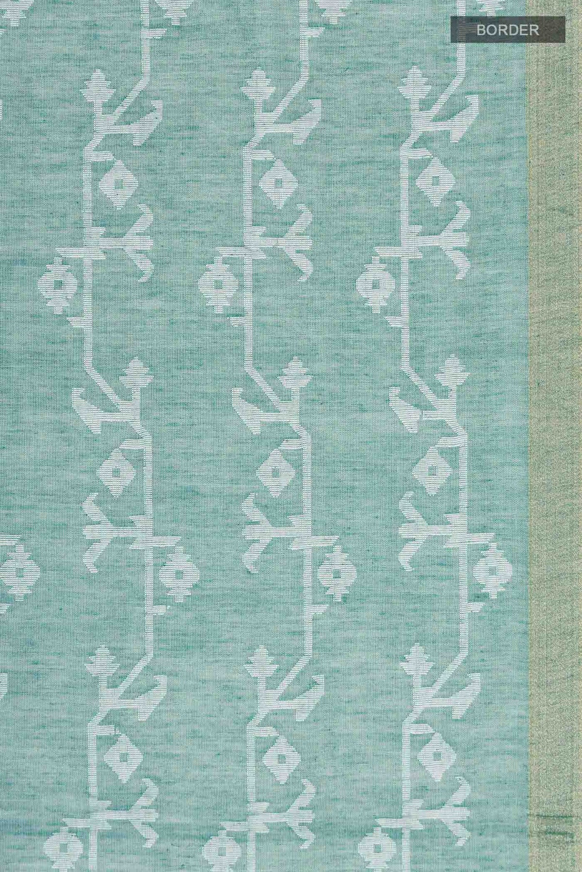 Border image of Green Bengal Cotton Saree with Jamdani on the body and Zari Border