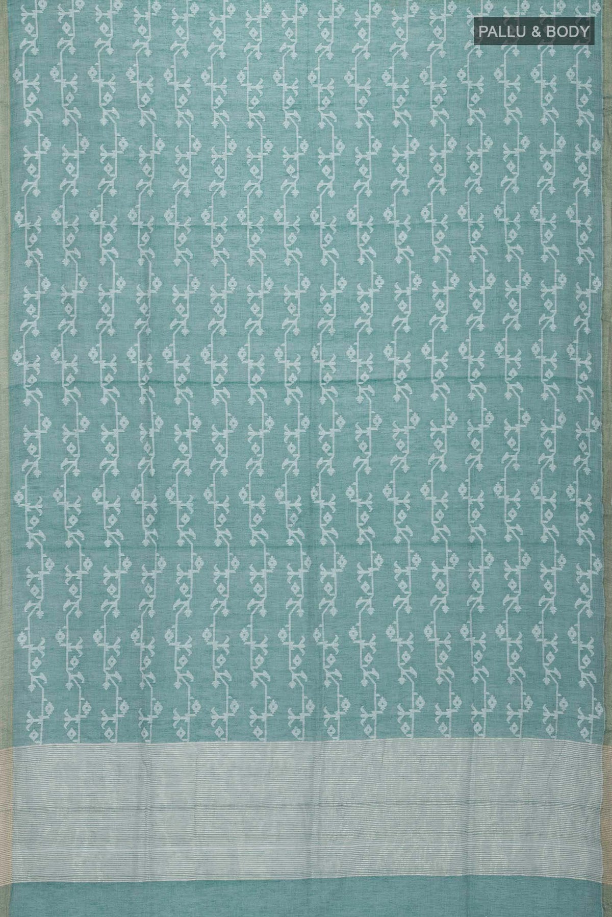 Flat view of Green Bengal Cotton Saree with Jamdani on the body and Zari Border