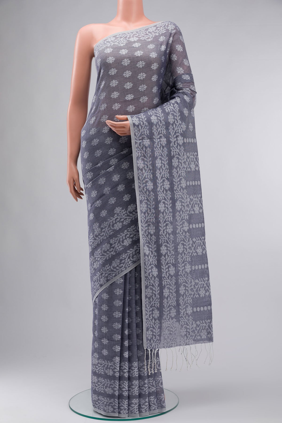 Blue Bengal Cotton Saree with Jamdani on the body and Thread Border displayed on a mannequin