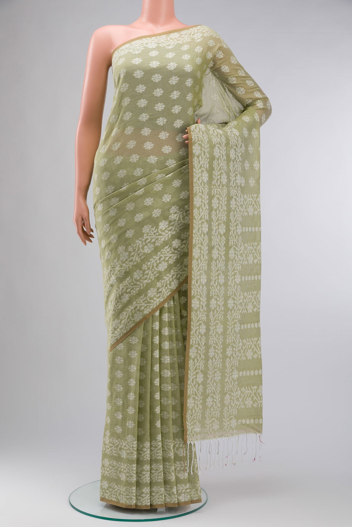 Light Green Bengal Cotton Saree with Jamdani on the body and Thread Border displayed on a mannequin