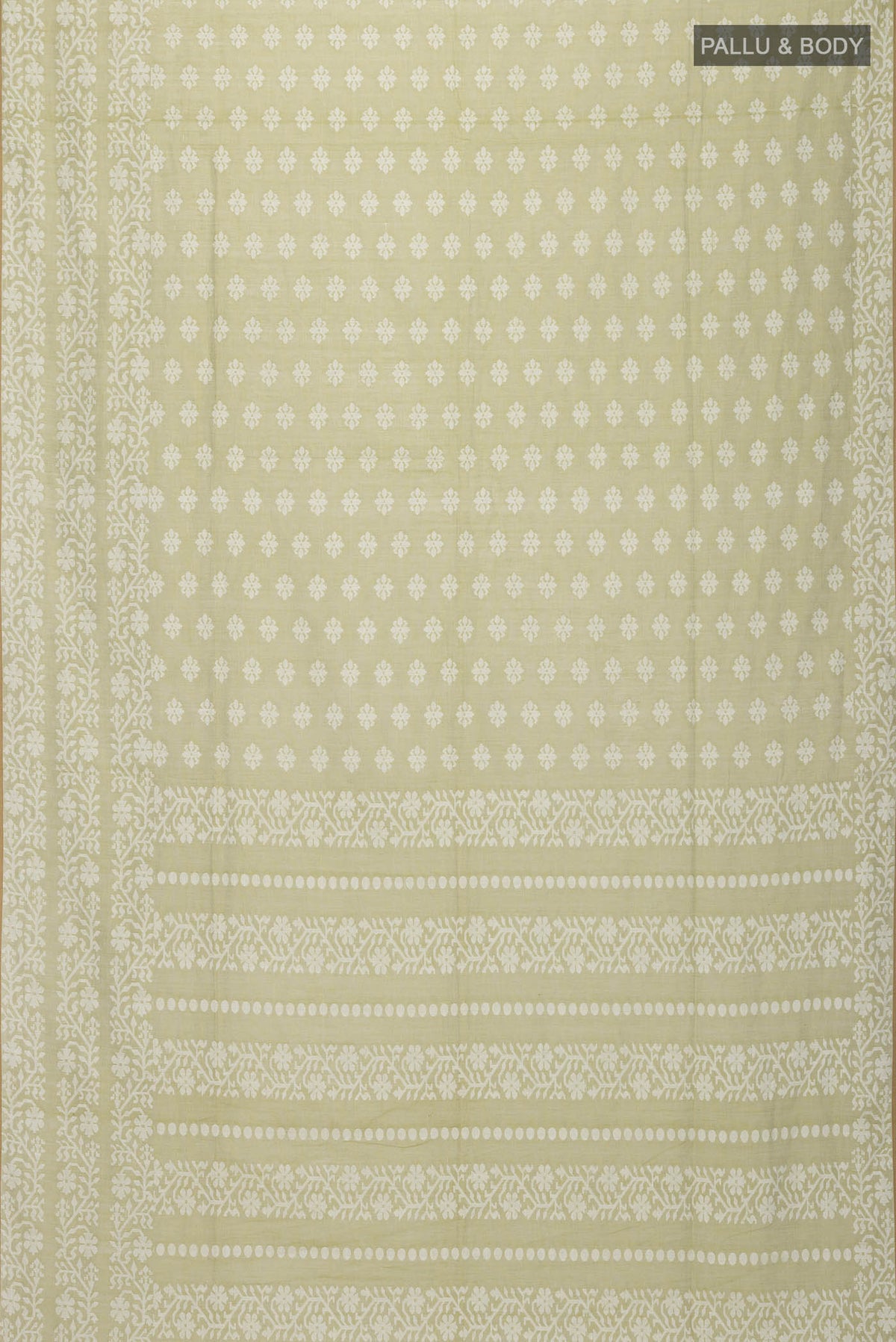 Flat view of Light Green Bengal Cotton Saree with Jamdani on the body and Thread Border
