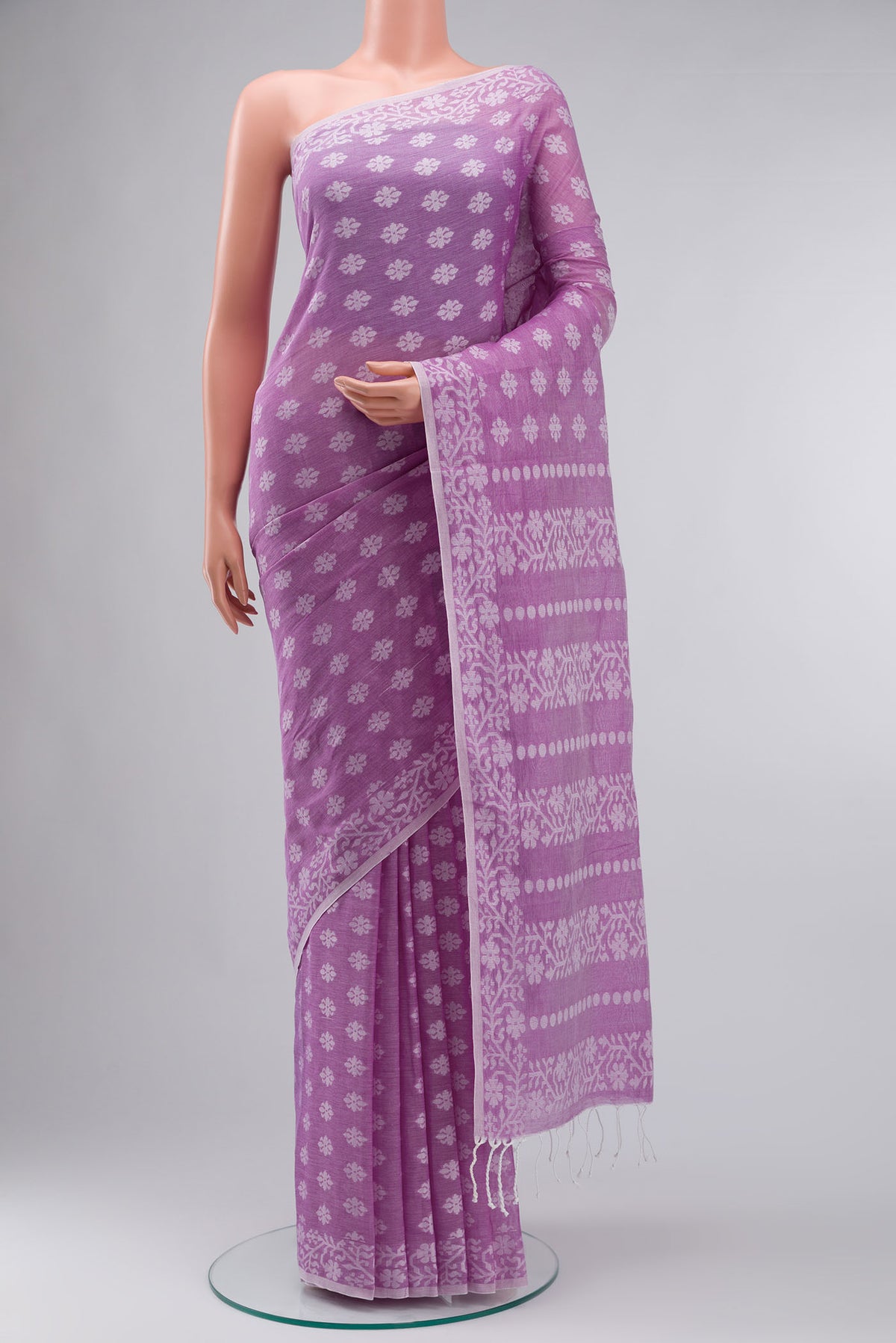 Purple Bengal Cotton Saree with Jamdani on the body and Thread Border displayed on a mannequin