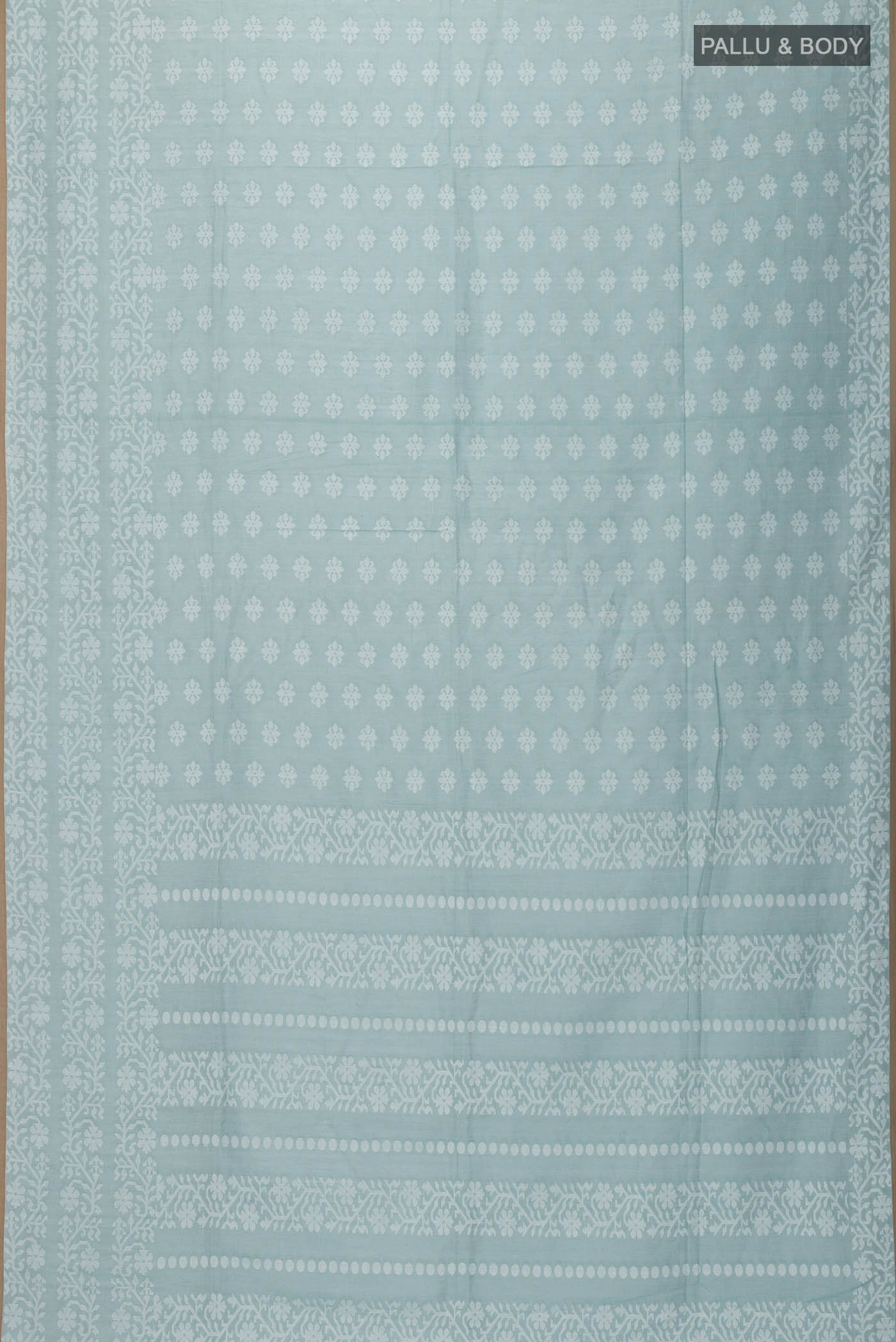 Flat view of Light Green Bengal Cotton Saree with Jamdani on the body and Thread Border
