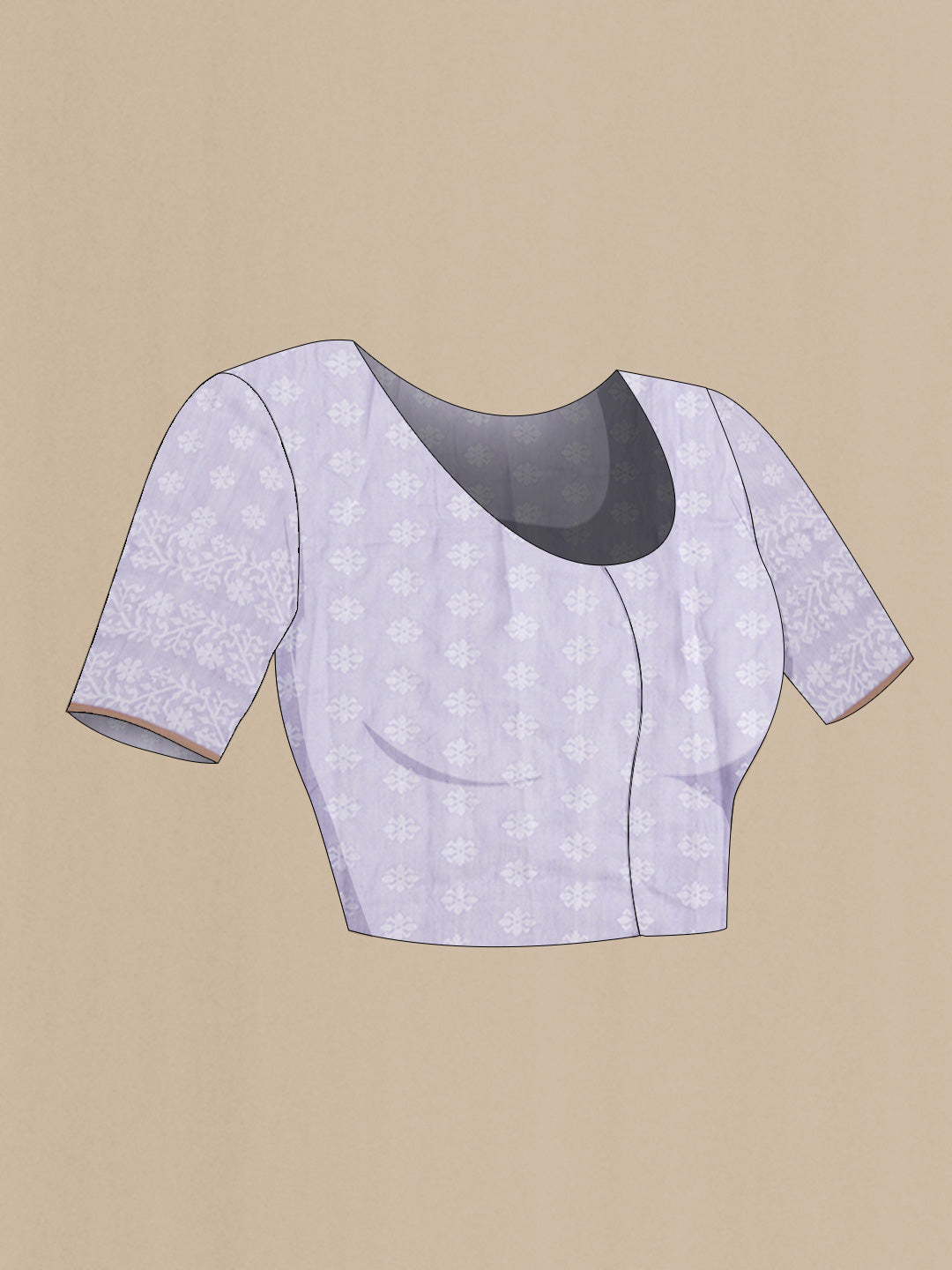 Close up image of the blouse of Lavender Bengal Cotton Saree with Jamdani on the body and Thread Border