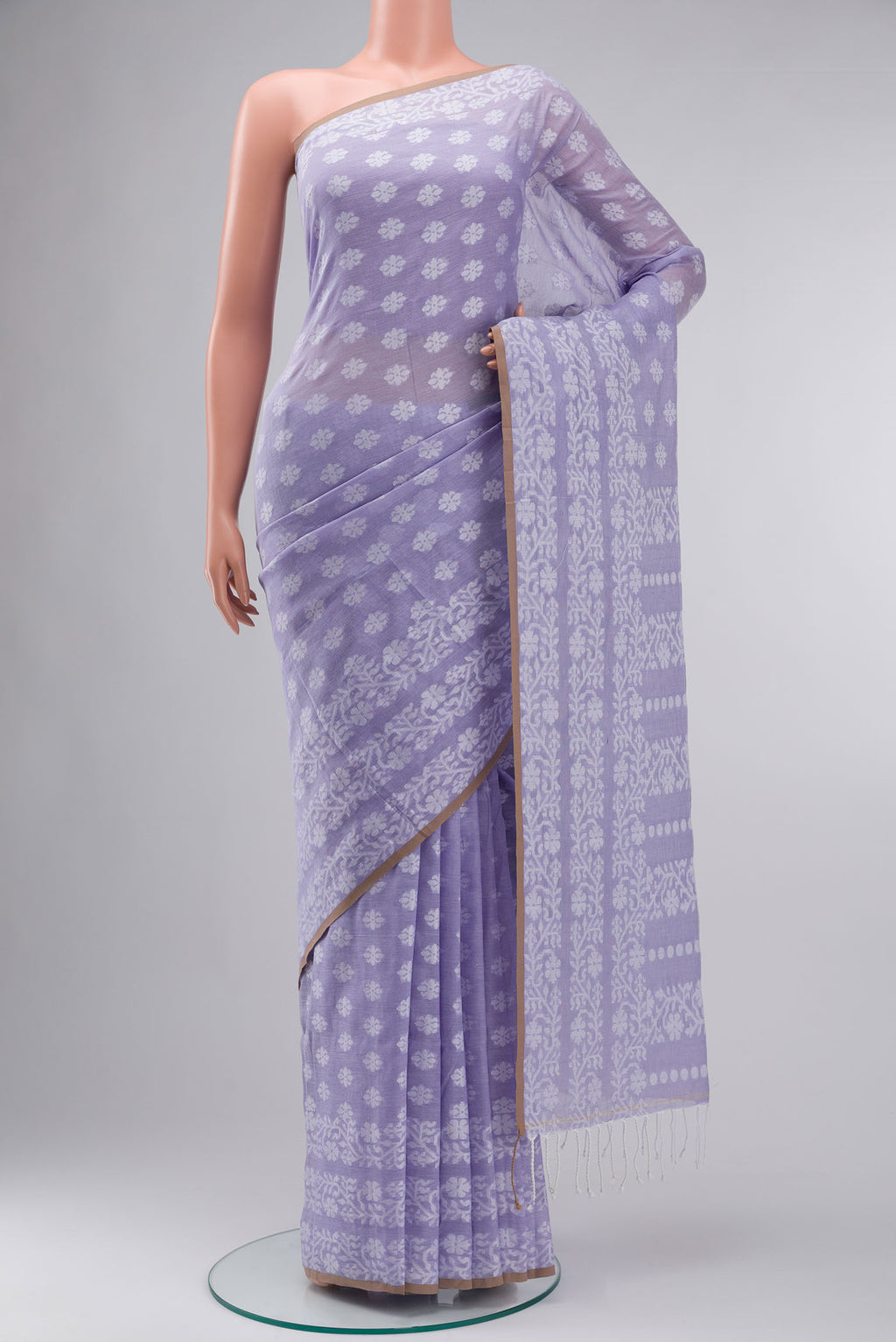 Lavender Bengal Cotton Saree with Jamdani on the body and Thread Border displayed on a mannequin