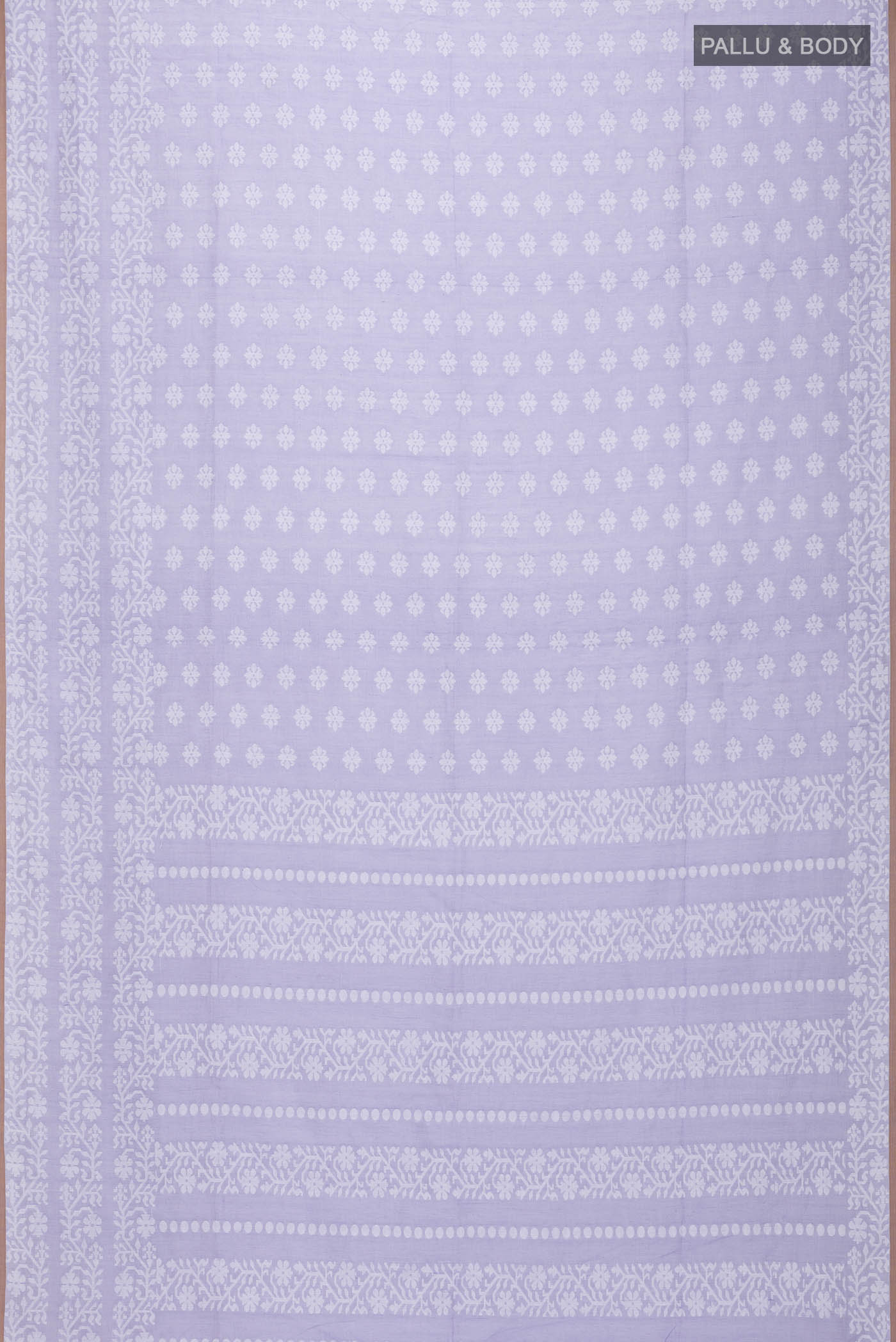 Flat view of Lavender Bengal Cotton Saree with Jamdani on the body and Thread Border