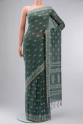 Green Bengal Cotton Saree with Jamdani on the body and Thread Border displayed on a mannequin