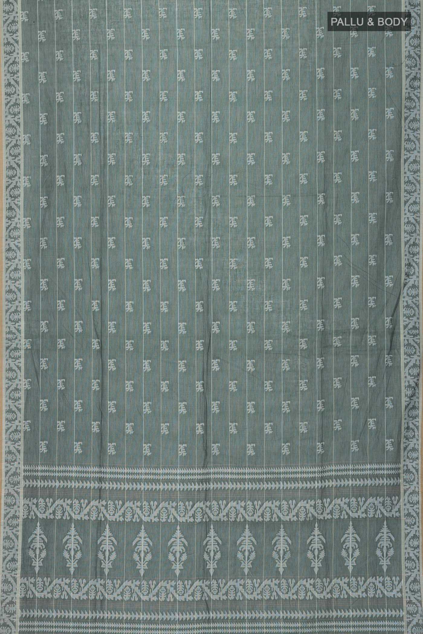 Flat view of Green Bengal Cotton Saree with Jamdani on the body and Thread Border