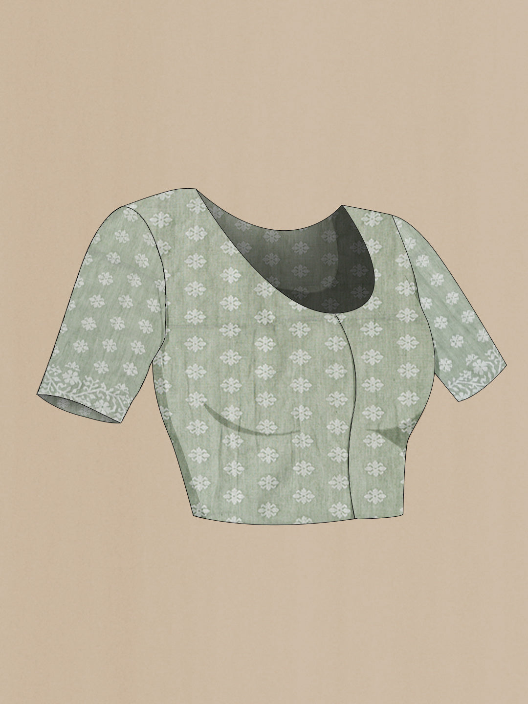 Close up image of the blouse of Olive Green Bengal Cotton Saree with Jamdani on the body and Thread Border
