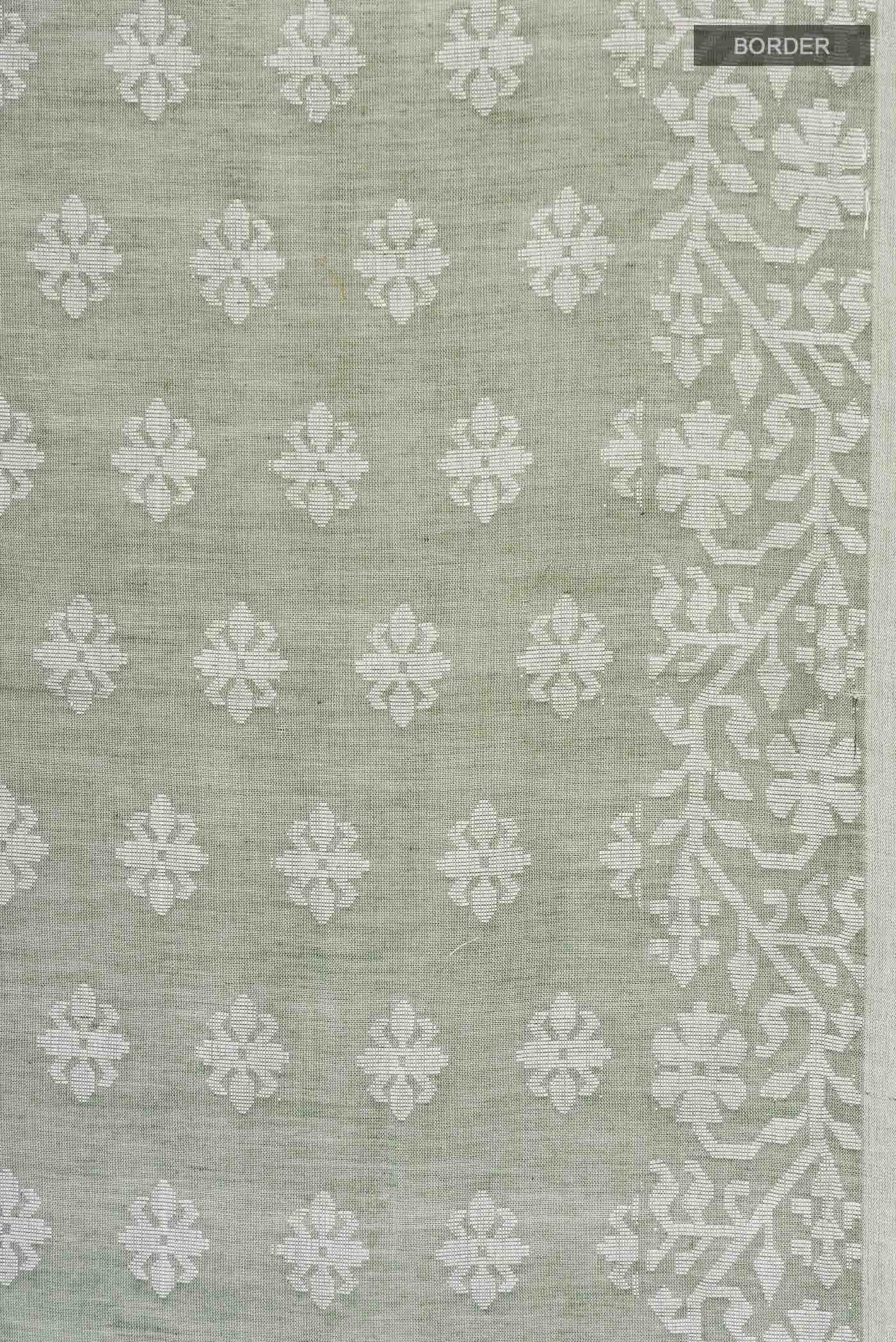 Border image of Olive Green Bengal Cotton Saree with Jamdani on the body and Thread Border