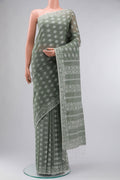 Olive Green Bengal Cotton Saree with Jamdani on the body and Thread Border displayed on a mannequin
