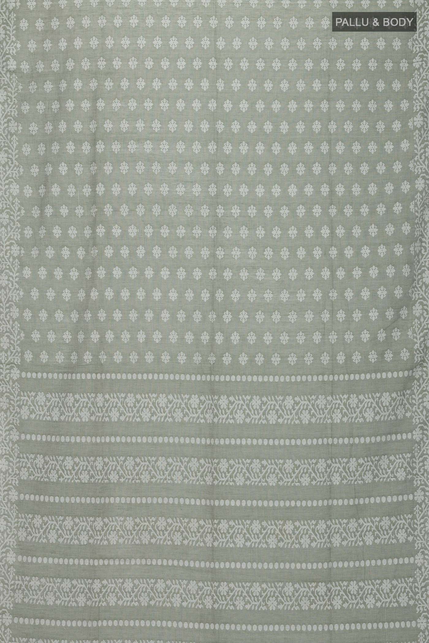 Flat view of Olive Green Bengal Cotton Saree with Jamdani on the body and Thread Border