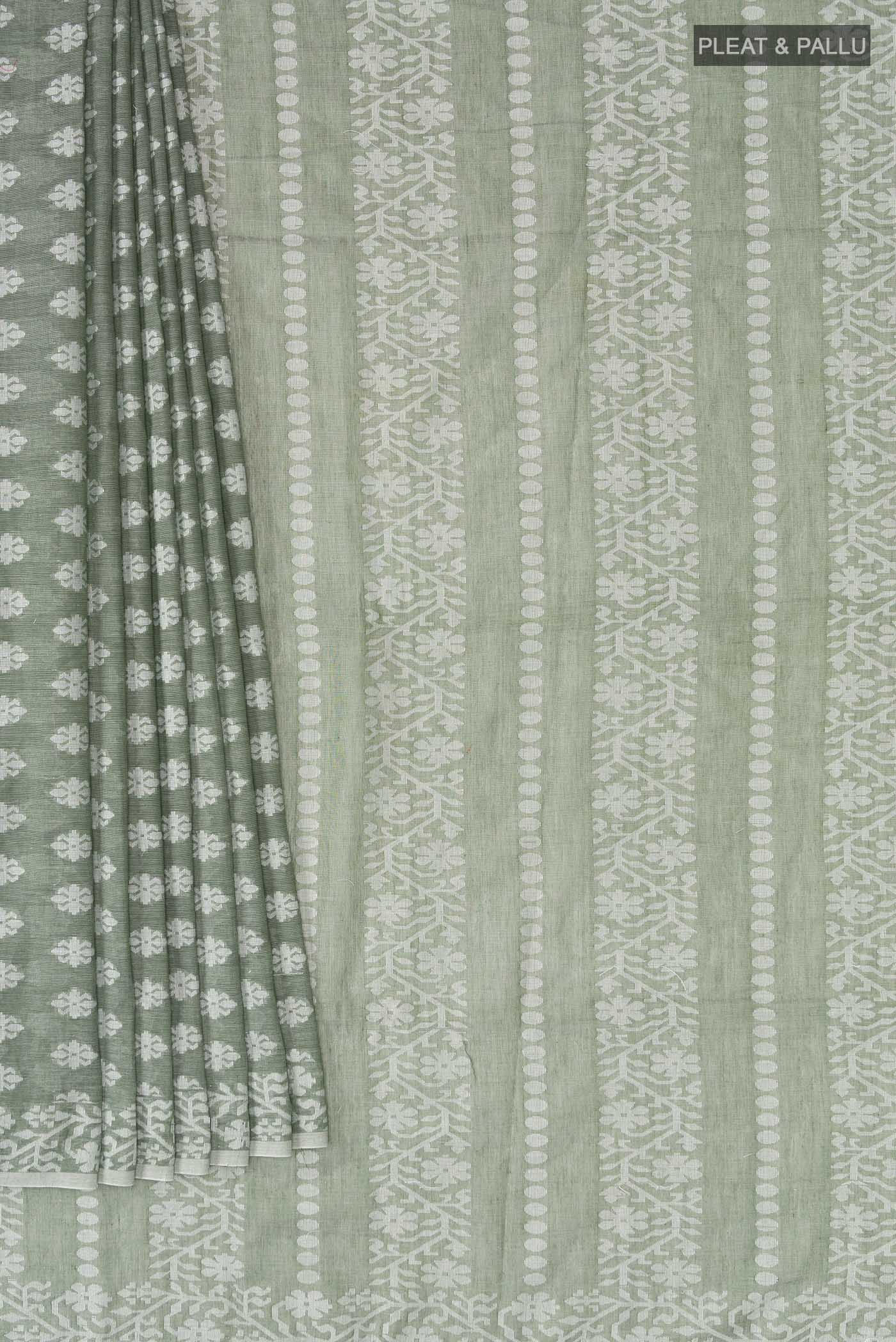 Pleats and pallu of Olive Green Bengal Cotton Saree with Jamdani on the body and Thread Border