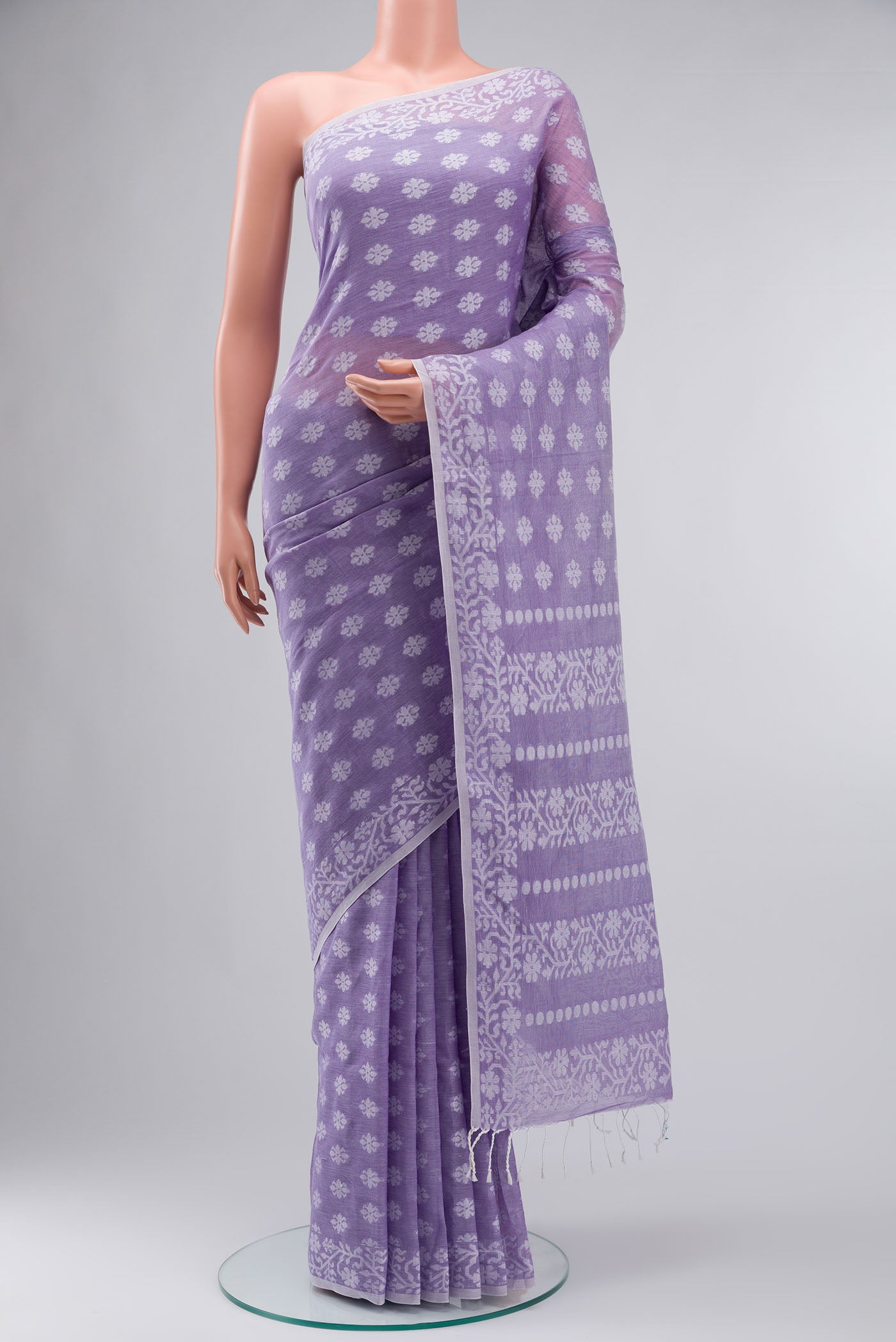 Lavender Bengal Cotton Saree with Jamdani on the body and Thread Border displayed on a mannequin