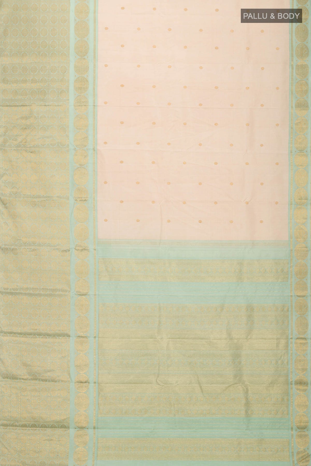 Flat view of Cream Kanchipuram Silk Saree with Zari Butta on the body and Zari Border