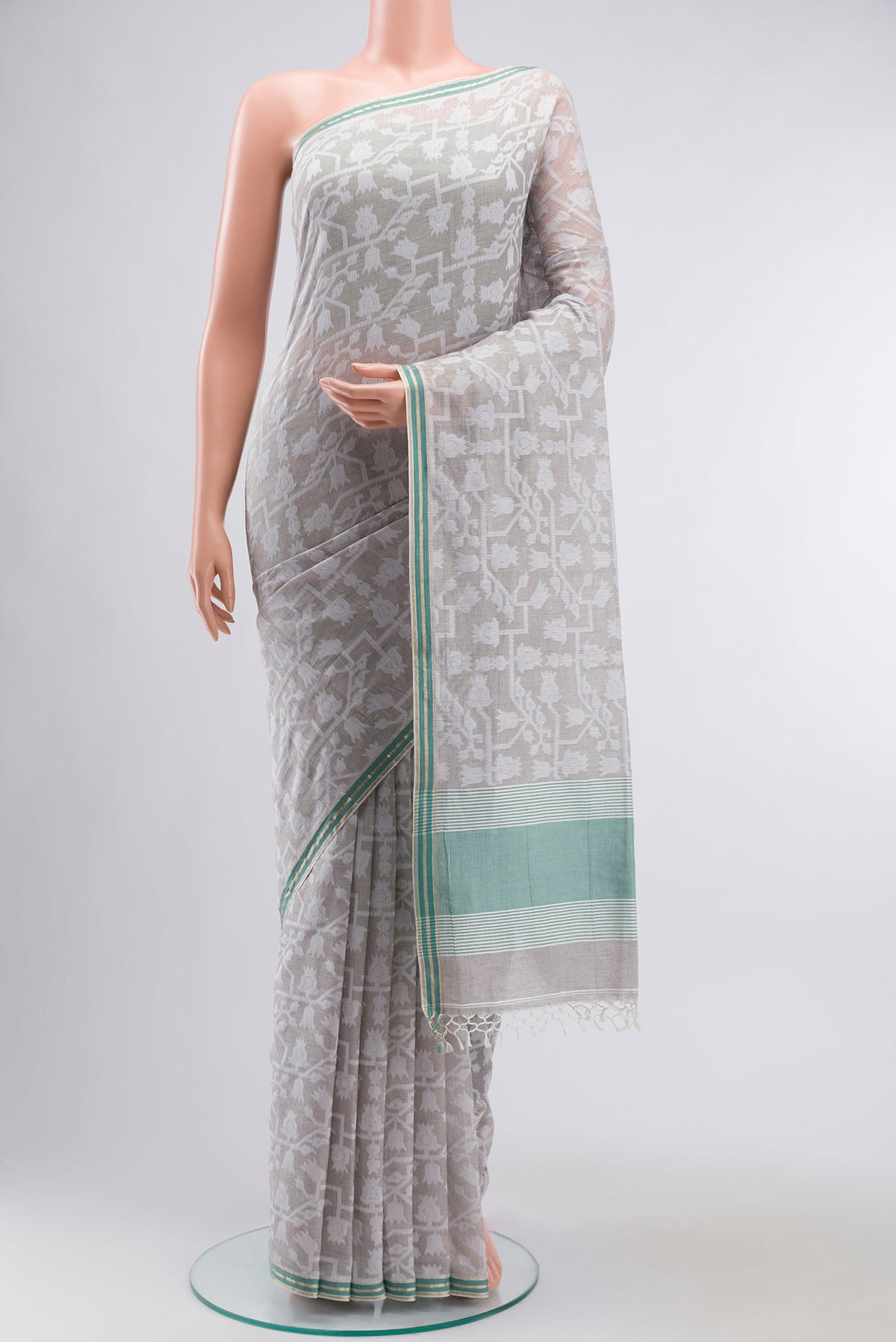 Grey Bengal Cotton Saree with Jamdani on the body and Plain Border displayed on a mannequin