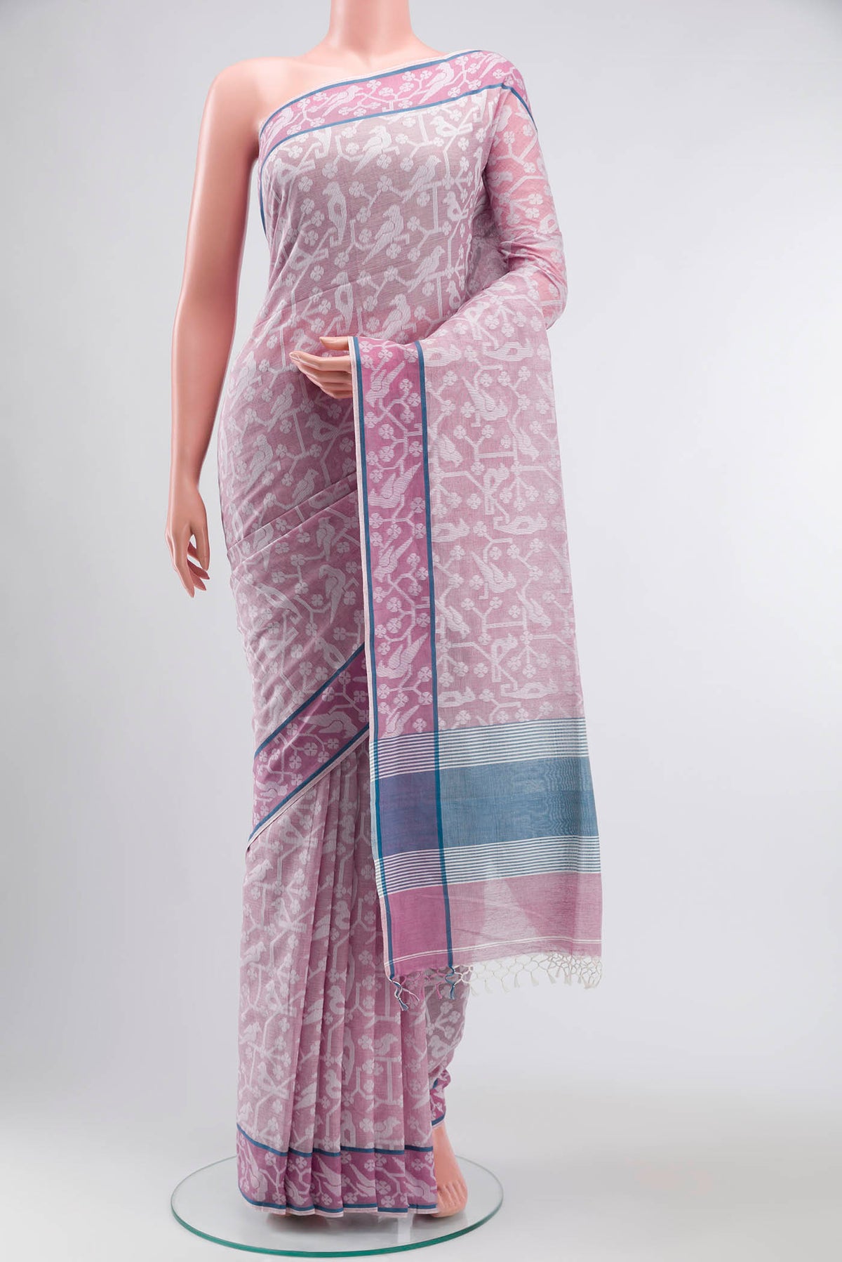 Mauve Bengal Cotton Saree with Jamdani on the body and Thread Border displayed on a mannequin
