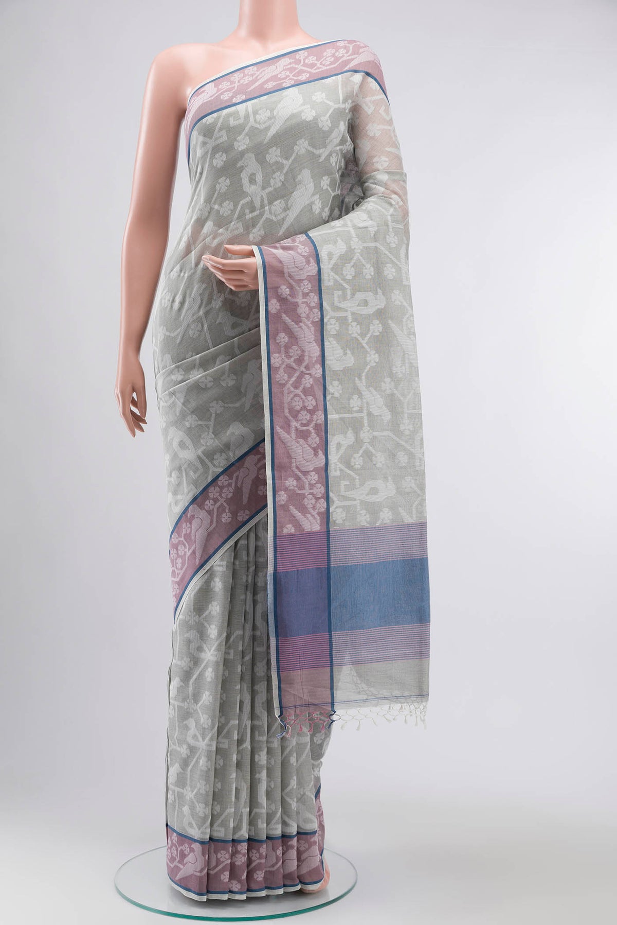 Grey Bengal Cotton Saree with Jamdani on the body and Thread Border displayed on a mannequin