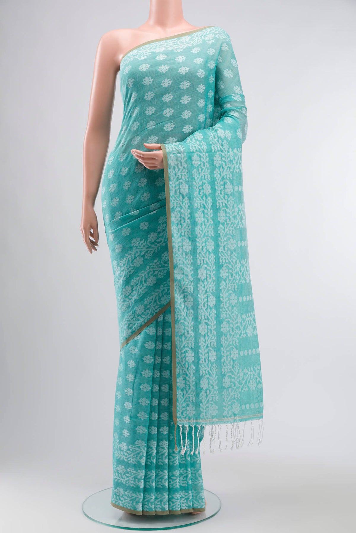 Sea Green Bengal Cotton Saree with Jamdani on the body and Thread Border displayed on a mannequin