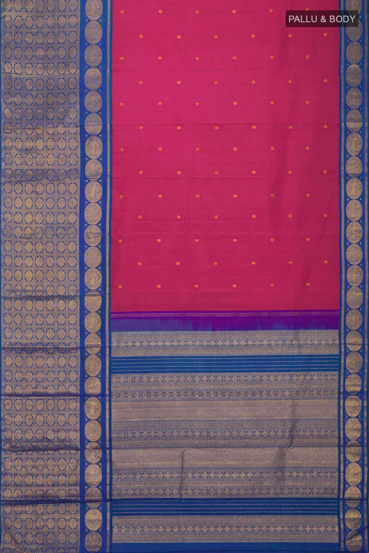 Flat view of Pink Kanchipuram Silk Saree with Zari Butta on the body and Zari Border