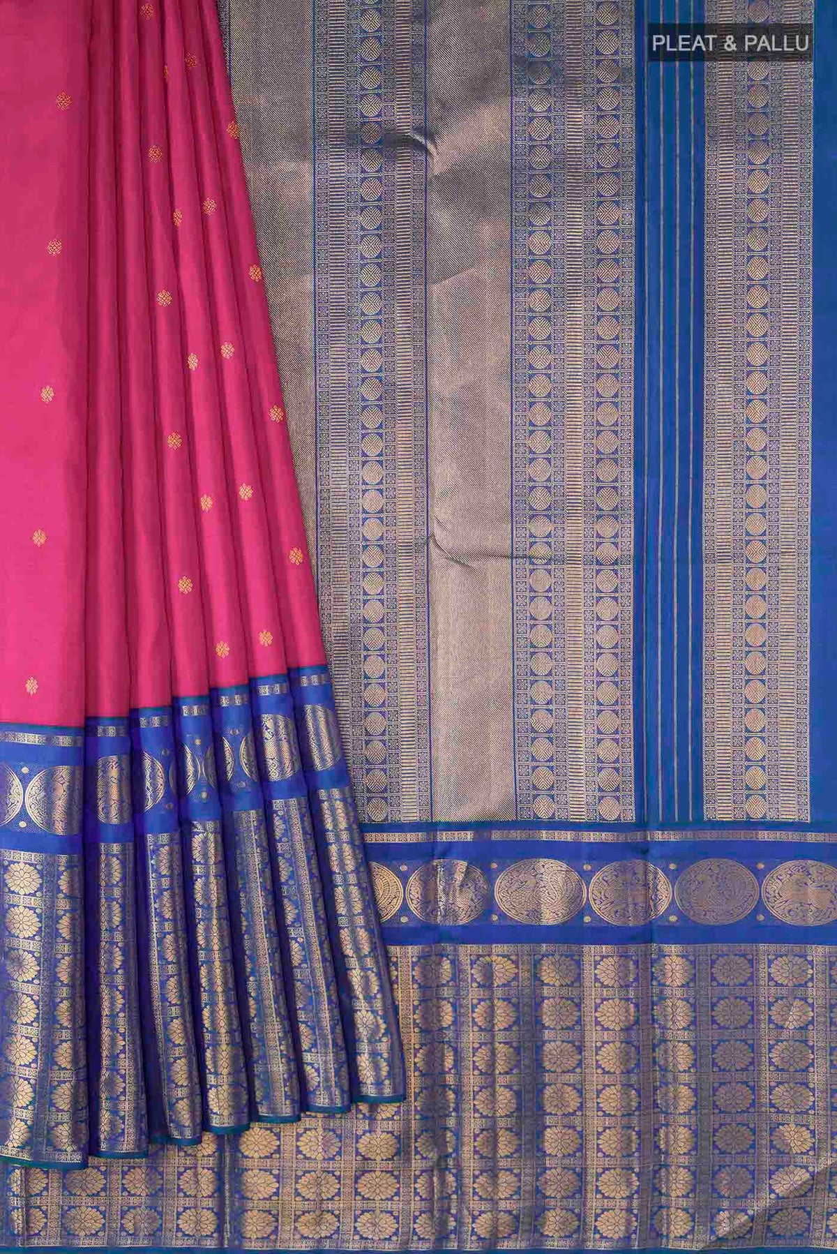 Pleats and pallu of Pink Kanchipuram Silk Saree with Zari Butta on the body and Zari Border