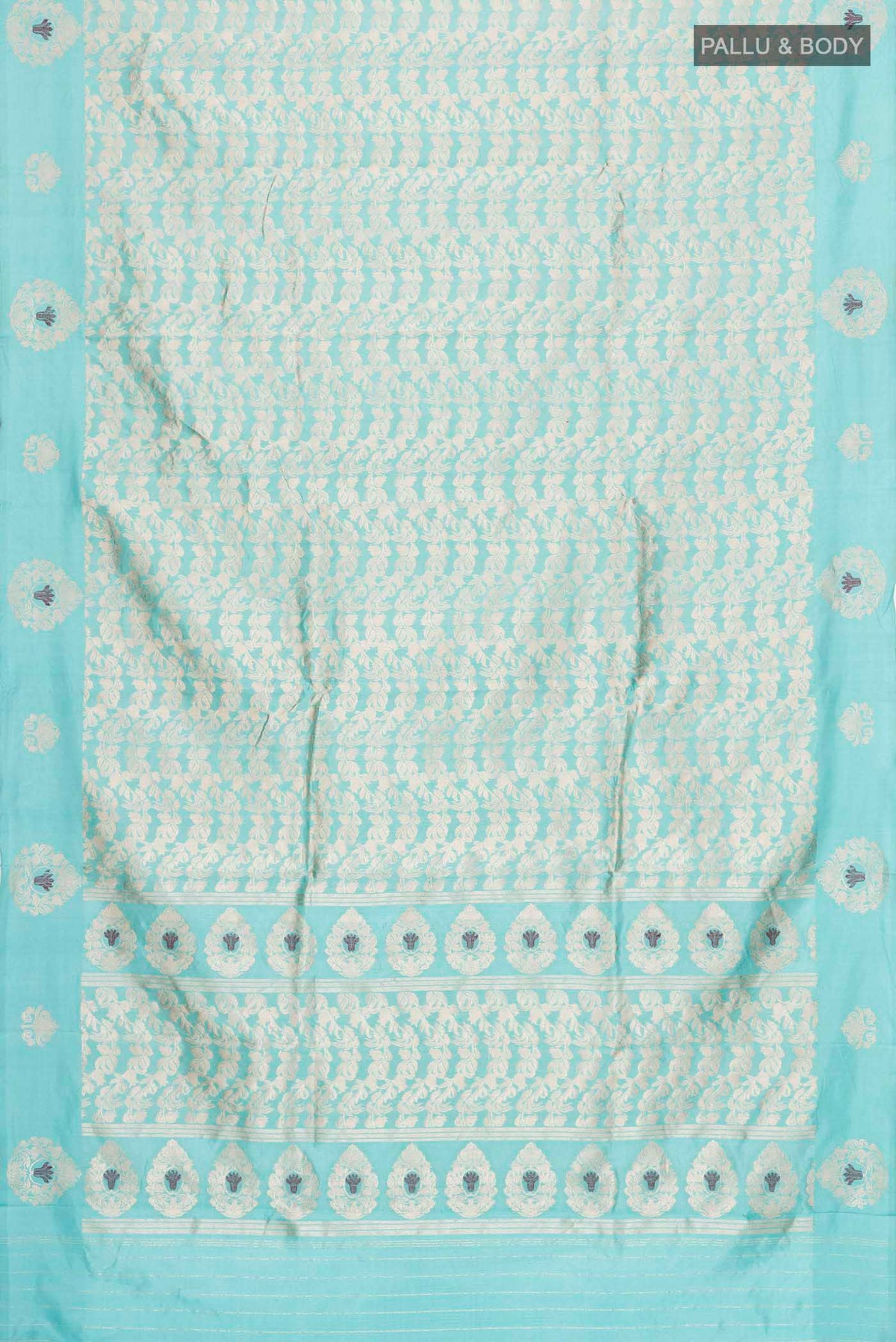 Flat view of Turquoise Banarasi Katan Silk Saree with Zari Butta on the body and Zari Border