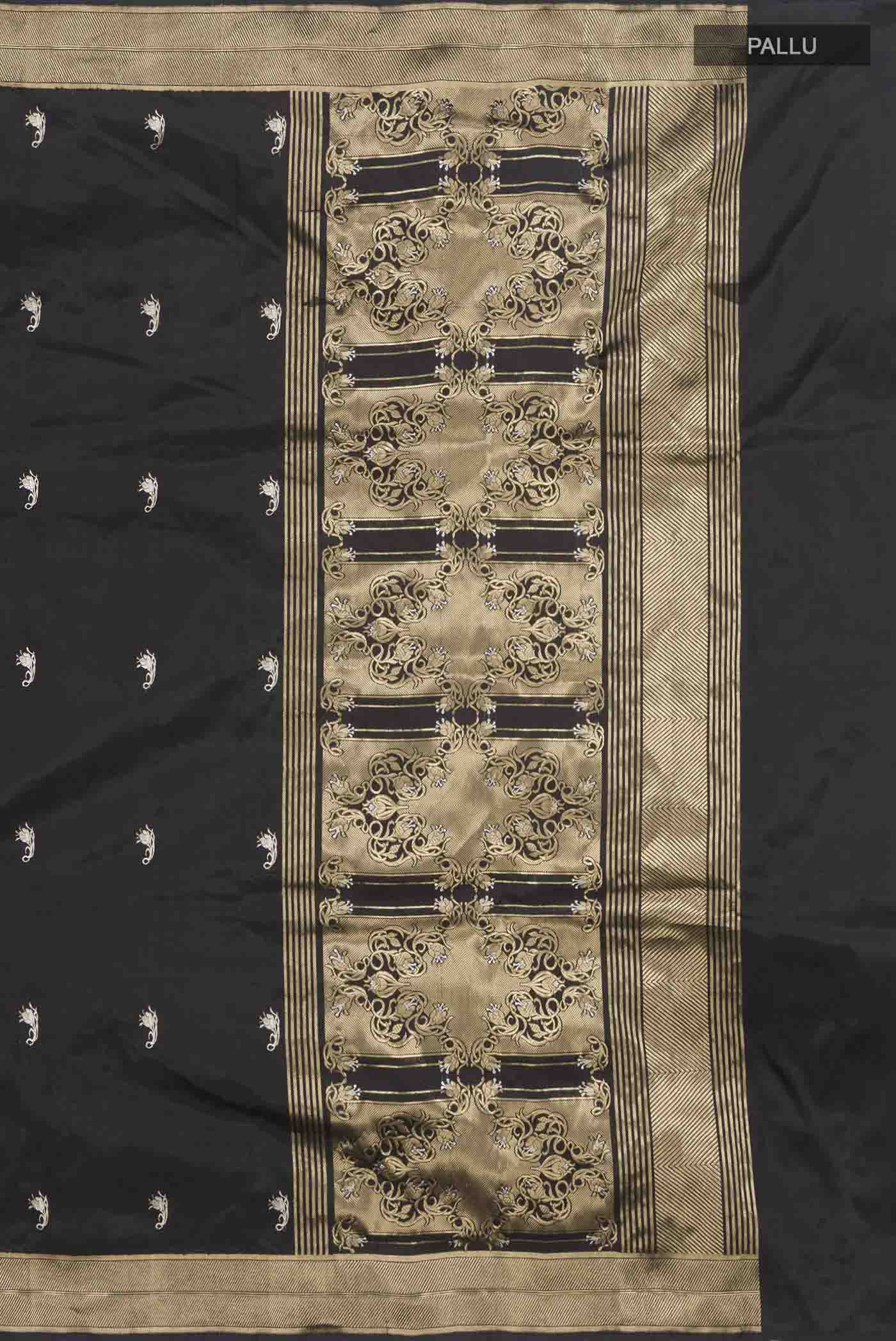 Close up image of the pallu of Black Banarasi Katan Silk Saree with Zari Butta on the body and Zari Border
