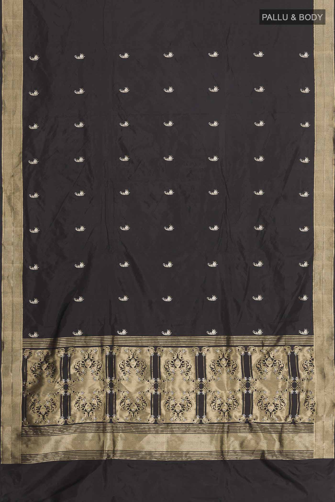 Flat view of Black Banarasi Katan Silk Saree with Zari Butta on the body and Zari Border