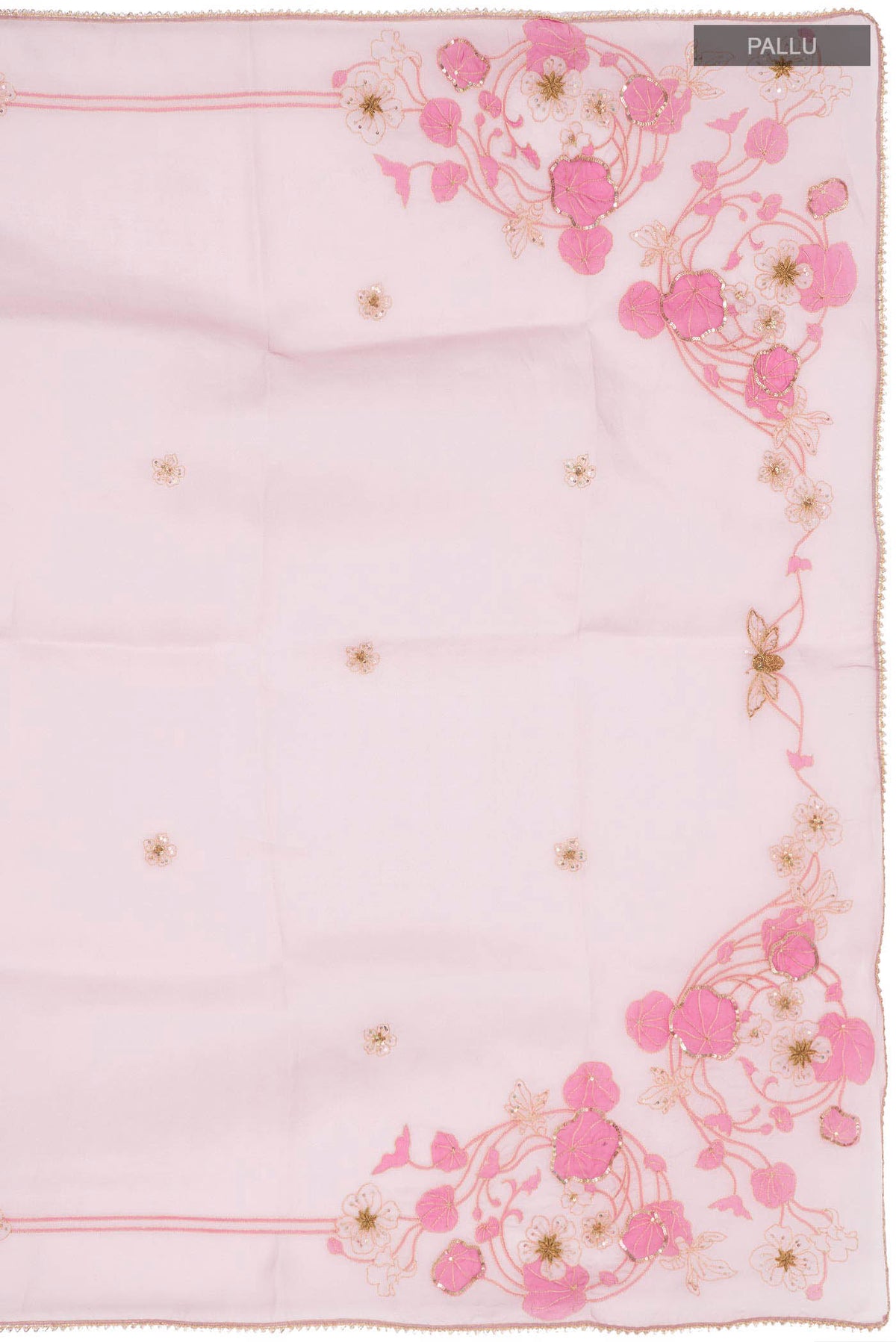 Close up image of the pallu of Mauve Organza Silk Saree with Plain Body and Embroidery Border