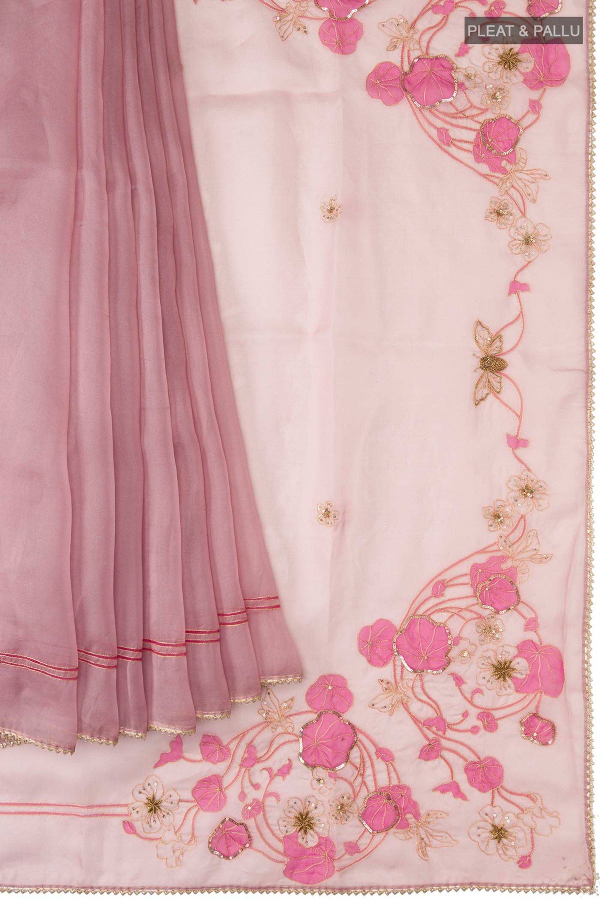 Pleats and pallu of Mauve Organza Silk Saree with Plain Body and Embroidery Border