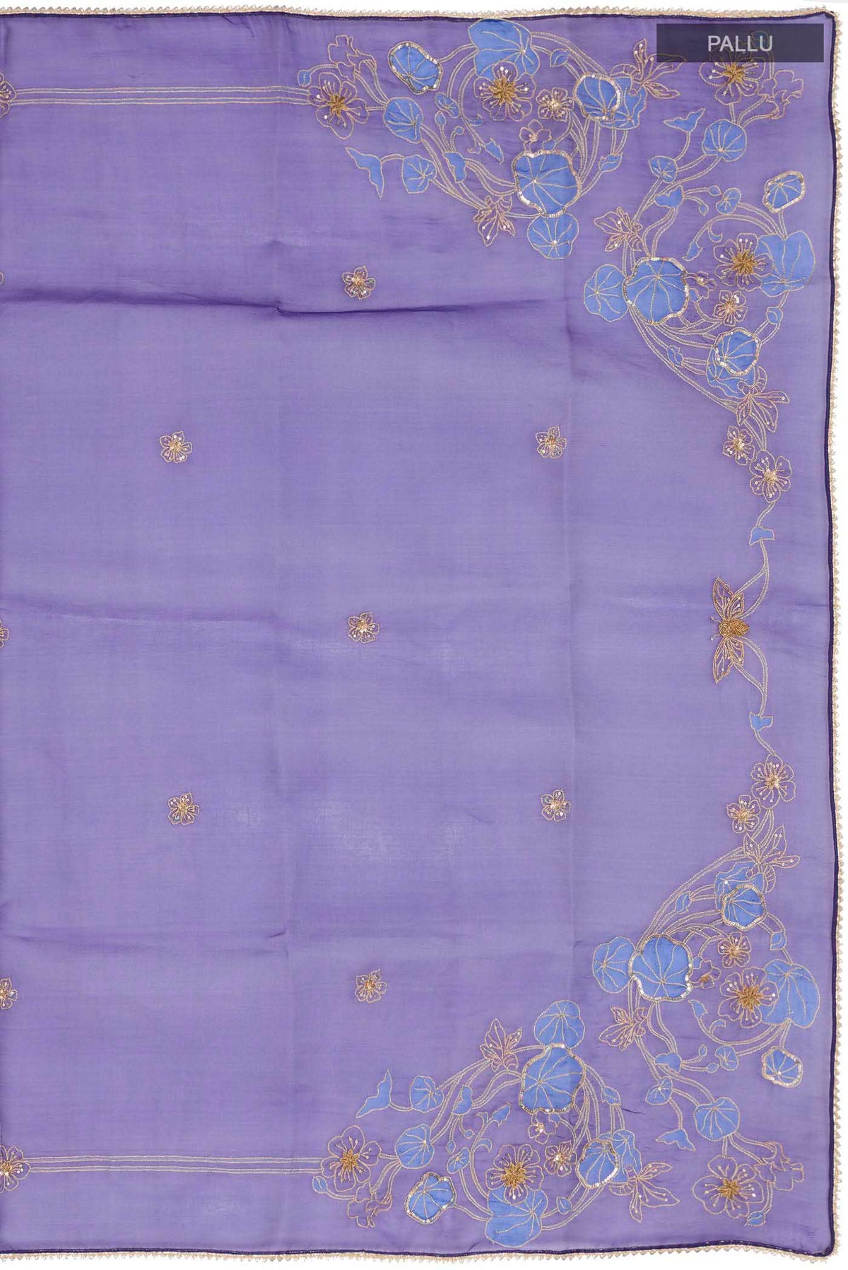 Close up image of the pallu of Navy Blue Organza Silk Saree with Plain Body and Embroidery Border