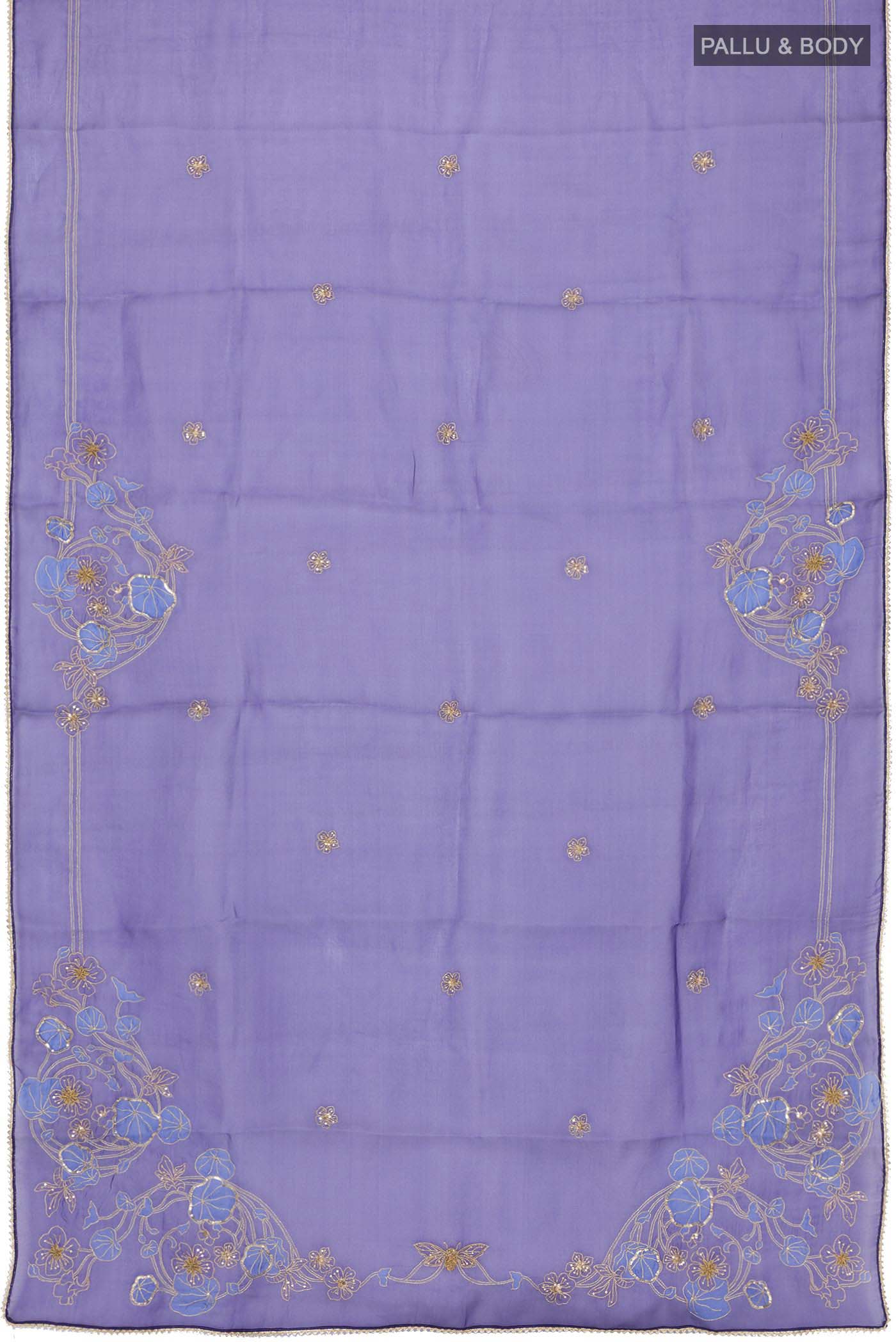 Flat view of Navy Blue Organza Silk Saree with Plain Body and Embroidery Border