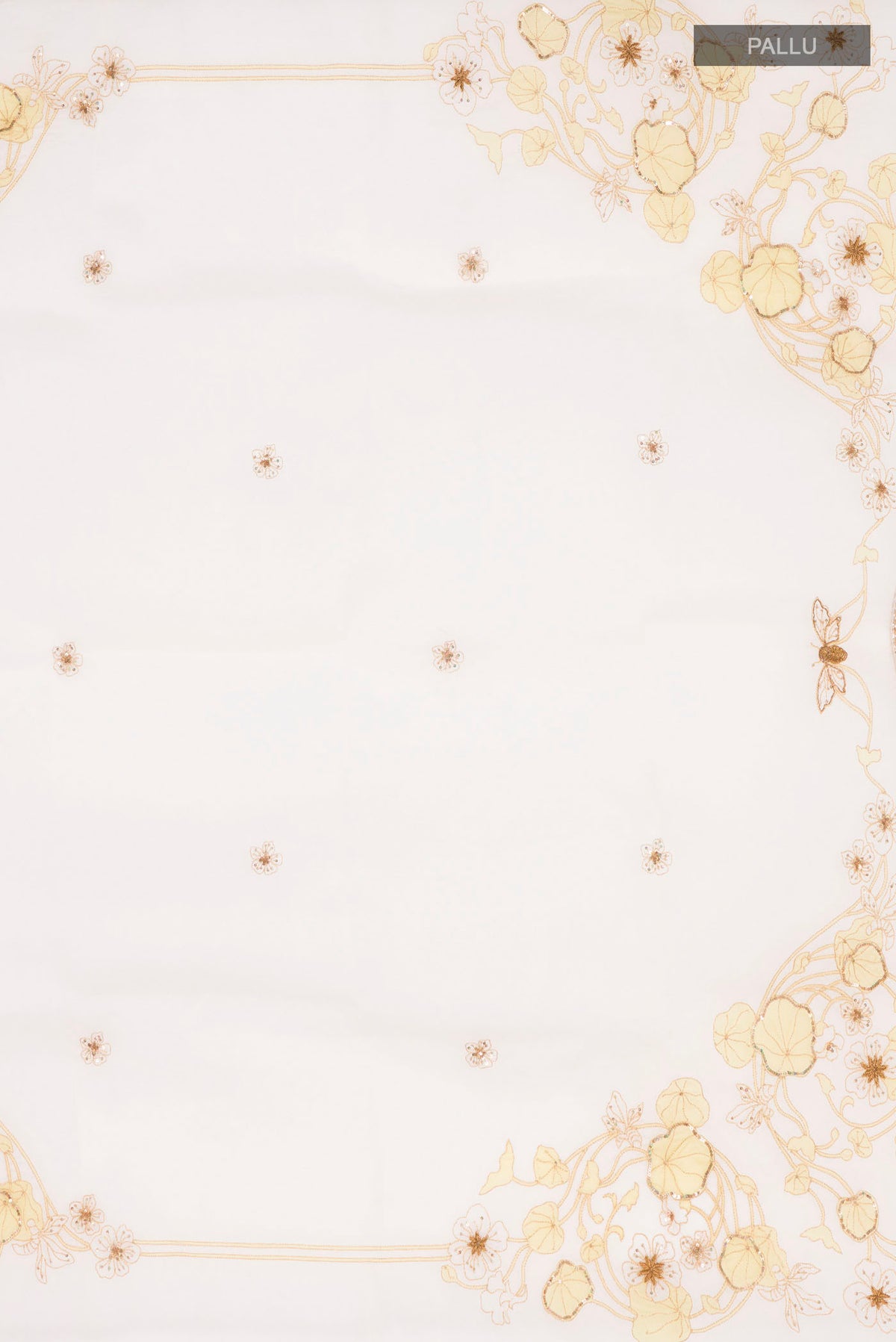 Close up image of the pallu of Cream Organza Silk Saree with Plain Body and Embroidery Border