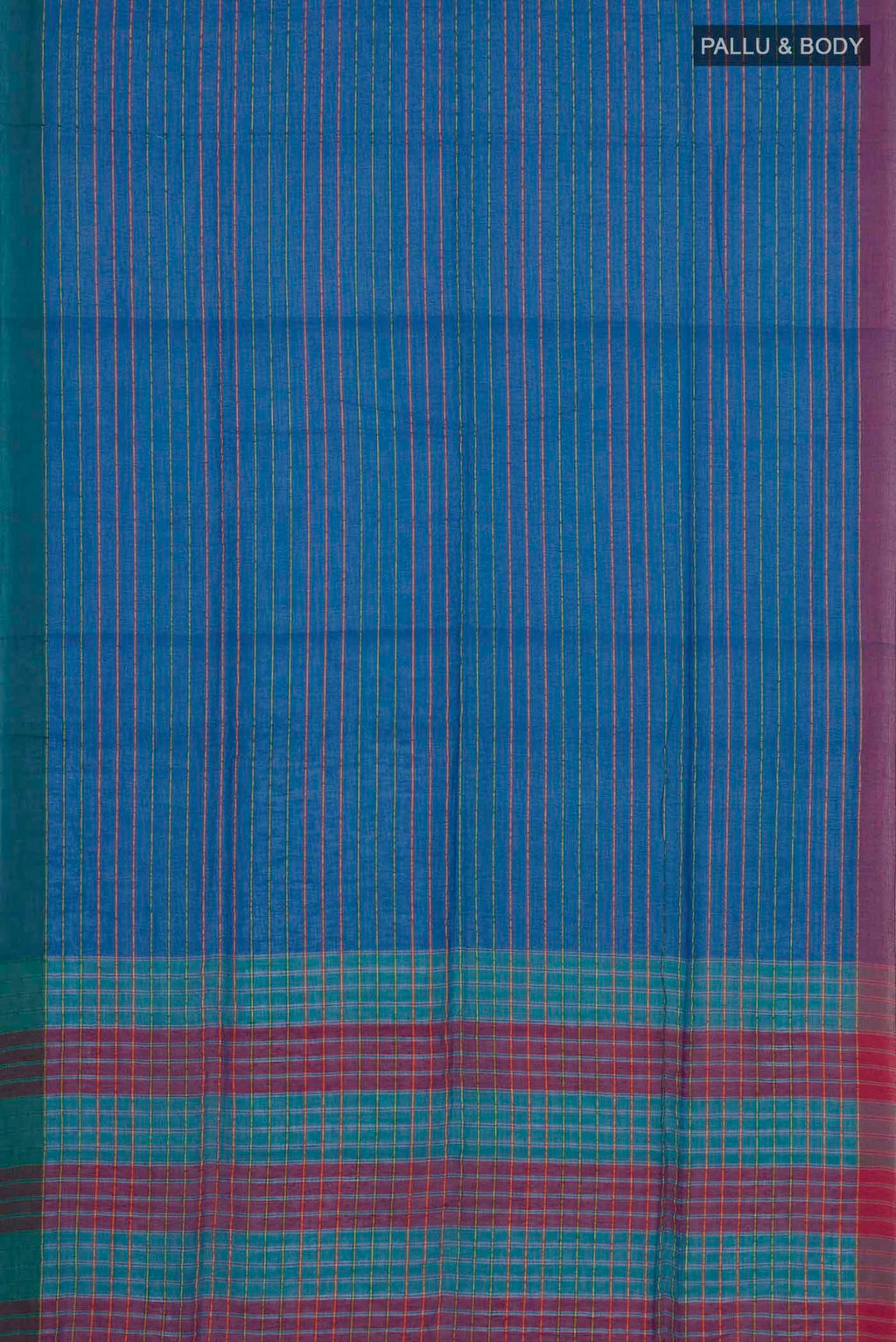Flat view of Mishri, a celebration of summer in Bengal cotton, is woven in fine 60-count cotton and drapes with natural comfort Soft stripes move in gentle linear patterns across the fabric, creating a lively yet balanced design The fine checks they form are a gentle reminder of crystal sugar, lending the saree its name Light, breathable, and effortlessly wearable for sunlit days