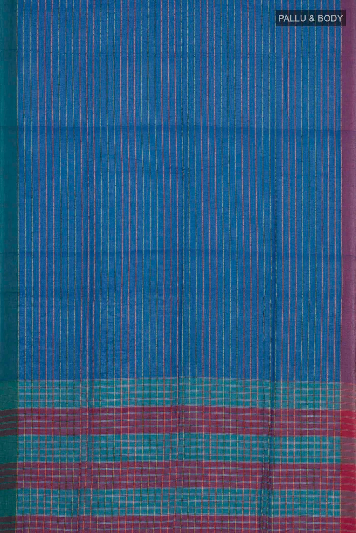 Flat view of Mishri, a celebration of summer in Bengal cotton, is woven in fine 60-count cotton and drapes with natural comfort Soft stripes move in gentle linear patterns across the fabric, creating a lively yet balanced design The fine checks they form are a gentle reminder of crystal sugar, lending the saree its name Light, breathable, and effortlessly wearable for sunlit days
