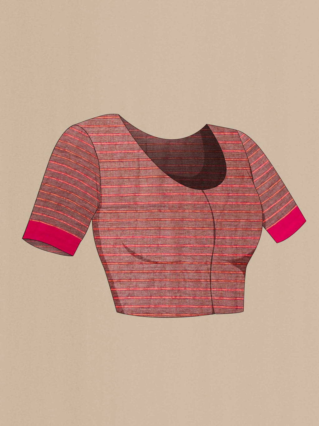 Close up image of the blouse of Mishri, a celebration of summer in Bengal cotton, is woven in fine 60-count cotton and drapes with natural comfort Soft stripes move in gentle linear patterns across the fabric, creating a lively yet balanced design The fine checks they form are a gentle reminder of crystal sugar, lending the saree its name Light, breathable, and effortlessly wearable for sunlit days