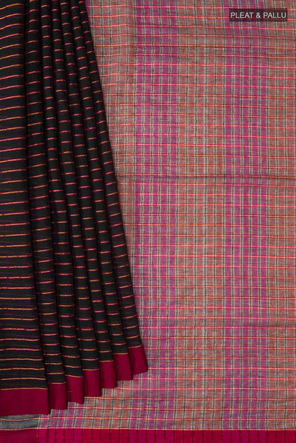 Pleats and pallu of Mishri, a celebration of summer in Bengal cotton, is woven in fine 60-count cotton and drapes with natural comfort Soft stripes move in gentle linear patterns across the fabric, creating a lively yet balanced design The fine checks they form are a gentle reminder of crystal sugar, lending the saree its name Light, breathable, and effortlessly wearable for sunlit days