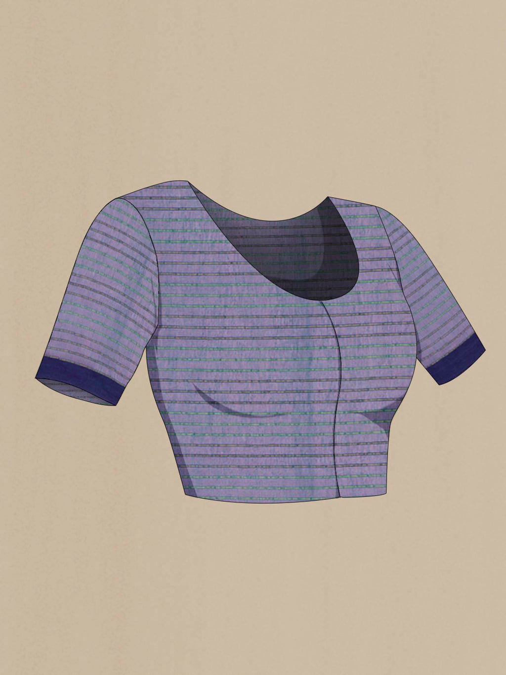 Close up image of the blouse of Mishri, a celebration of summer in Bengal cotton, is woven in fine 60-count cotton and drapes with natural comfort Soft stripes move in gentle linear patterns across the fabric, creating a lively yet balanced design The fine checks they form are a gentle reminder of crystal sugar, lending the saree its name Light, breathable, and effortlessly wearable for sunlit days