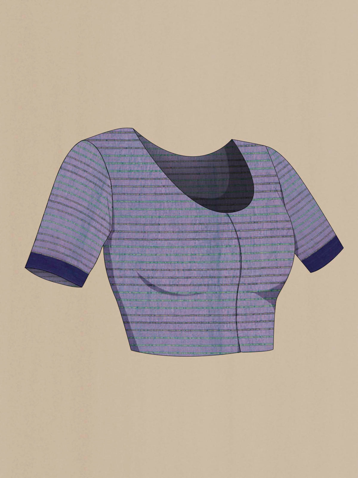 Close up image of the blouse of Mishri, a celebration of summer in Bengal cotton, is woven in fine 60-count cotton and drapes with natural comfort Soft stripes move in gentle linear patterns across the fabric, creating a lively yet balanced design The fine checks they form are a gentle reminder of crystal sugar, lending the saree its name Light, breathable, and effortlessly wearable for sunlit days