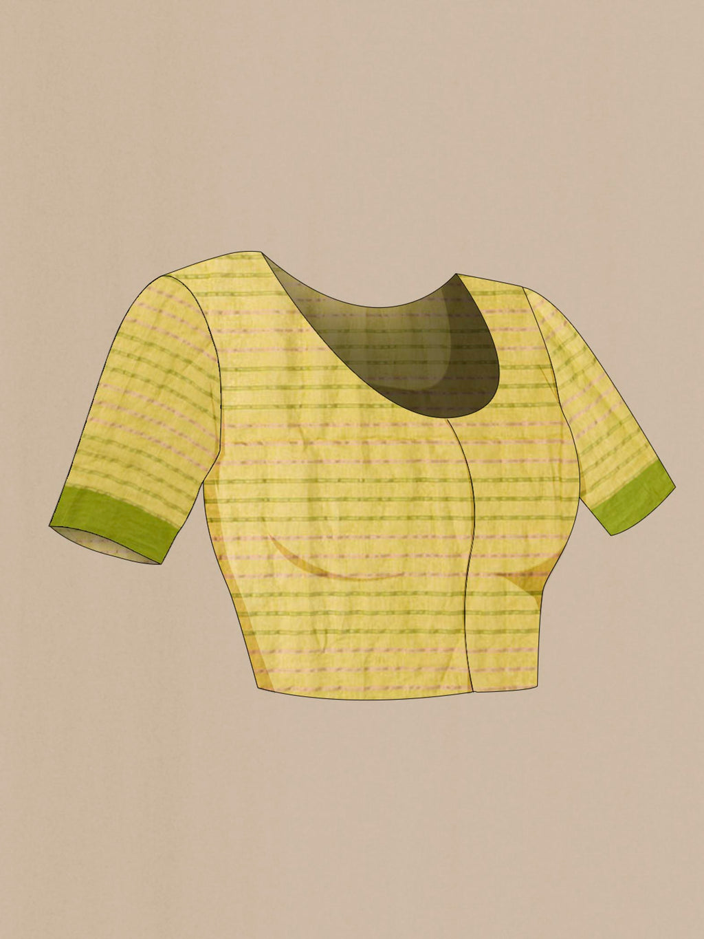 Close up image of the blouse of Mishri, a celebration of summer in Bengal cotton, is woven in fine 60-count cotton and drapes with natural comfort Soft stripes move in gentle linear patterns across the fabric, creating a lively yet balanced design The fine checks they form are a gentle reminder of crystal sugar, lending the saree its name Light, breathable, and effortlessly wearable for sunlit days