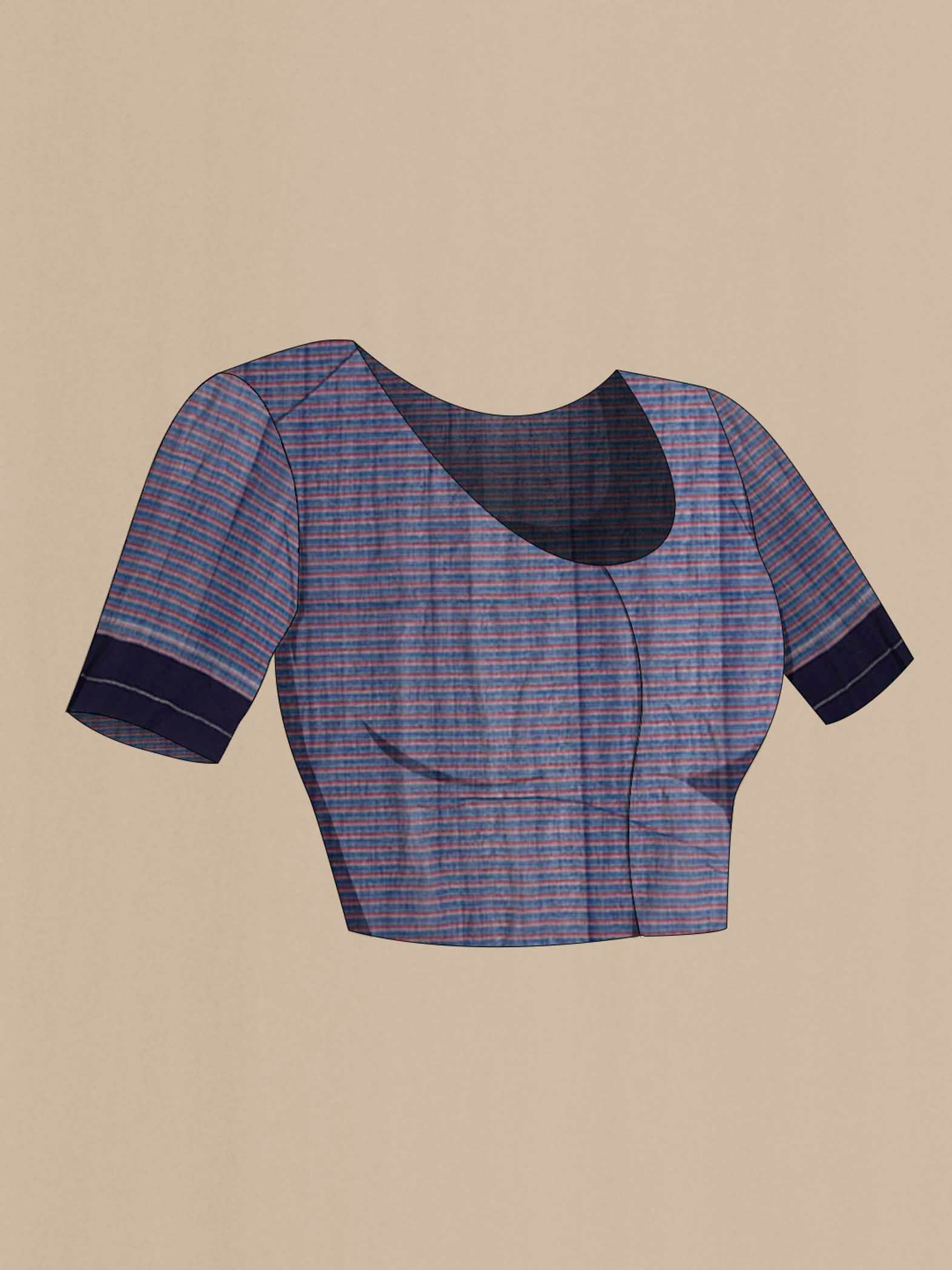 Close up image of the blouse of Patang features fine multi-coloured checks woven using four harmonious hues, creating a lively yet balanced design Translating to ?te)n Hindi, the saree reflects the light, easy spirit of a patang gliding across an open sky The border and pallu are minimal, finished with delicate zari accents that add subtle richness With its balanced play of colour, it makes for a breathable, comfortable drape