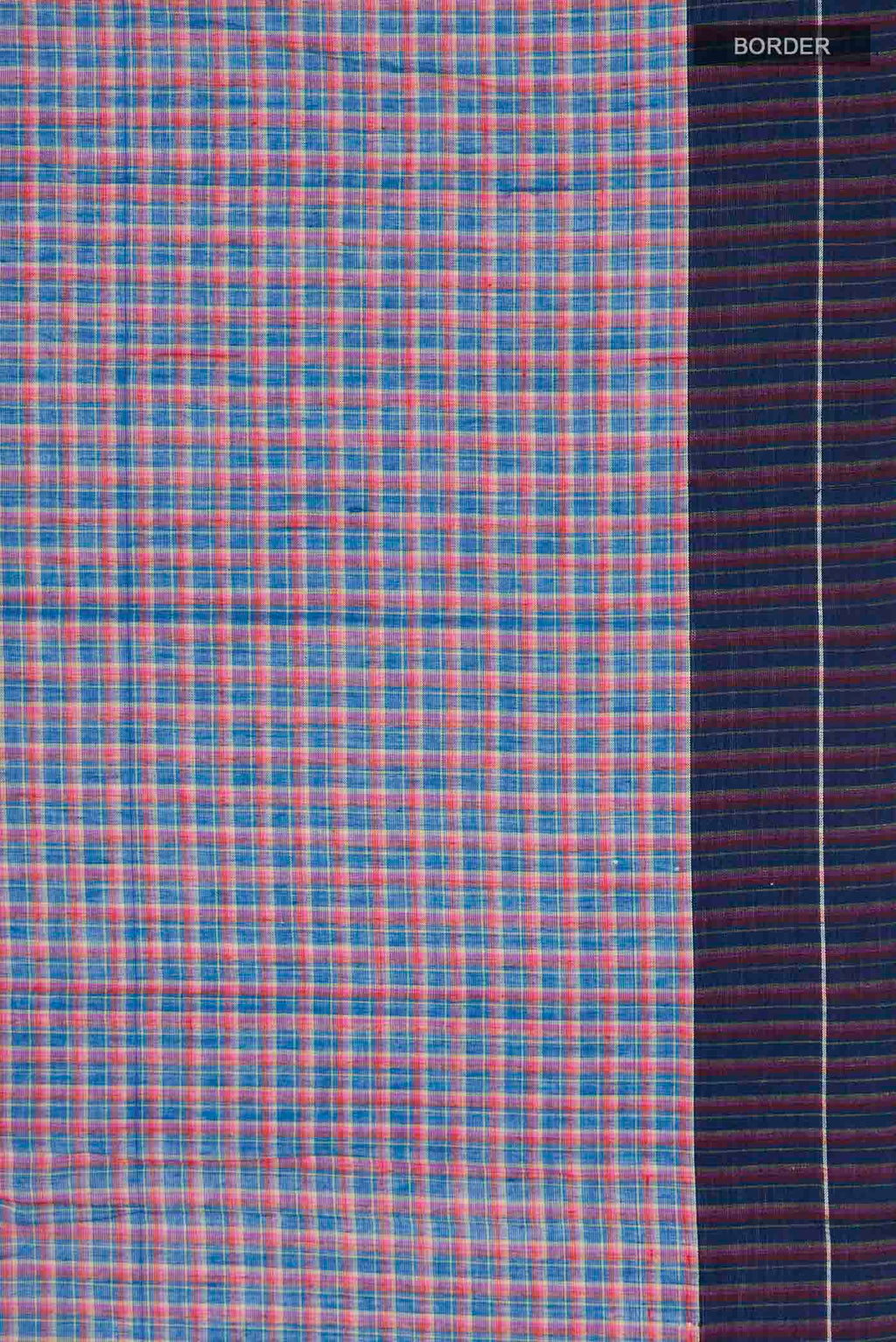 Border image of Patang features fine multi-coloured checks woven using four harmonious hues, creating a lively yet balanced design Translating to ?te)n Hindi, the saree reflects the light, easy spirit of a patang gliding across an open sky The border and pallu are minimal, finished with delicate zari accents that add subtle richness With its balanced play of colour, it makes for a breathable, comfortable drape