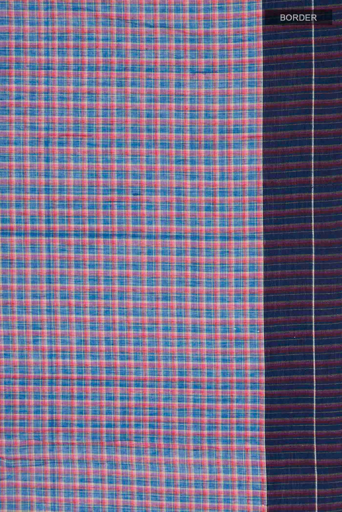 Border image of Patang features fine multi-coloured checks woven using four harmonious hues, creating a lively yet balanced design Translating to ?te)n Hindi, the saree reflects the light, easy spirit of a patang gliding across an open sky The border and pallu are minimal, finished with delicate zari accents that add subtle richness With its balanced play of colour, it makes for a breathable, comfortable drape