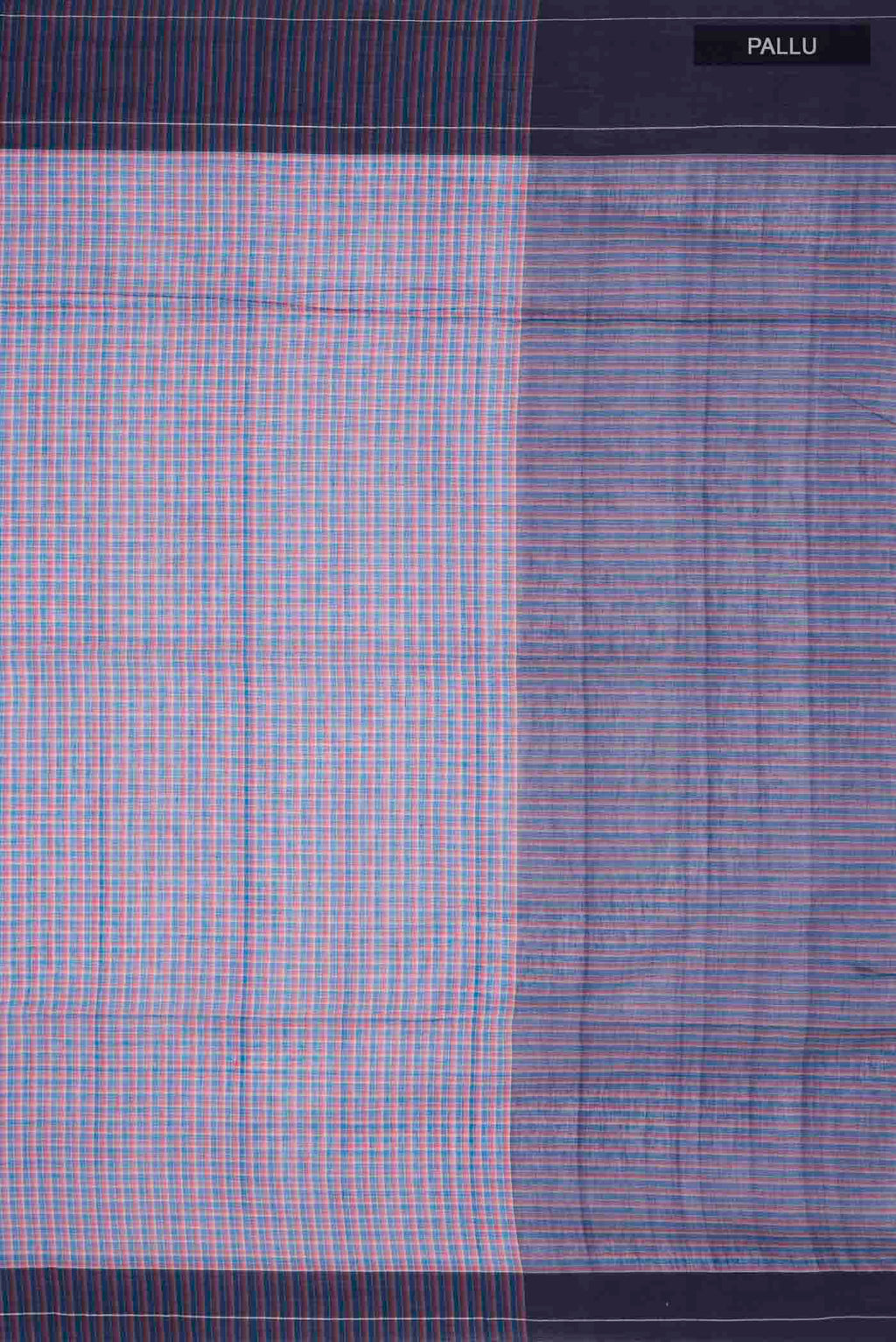 Close up image of the pallu of Patang features fine multi-coloured checks woven using four harmonious hues, creating a lively yet balanced design Translating to ?te)n Hindi, the saree reflects the light, easy spirit of a patang gliding across an open sky The border and pallu are minimal, finished with delicate zari accents that add subtle richness With its balanced play of colour, it makes for a breathable, comfortable drape