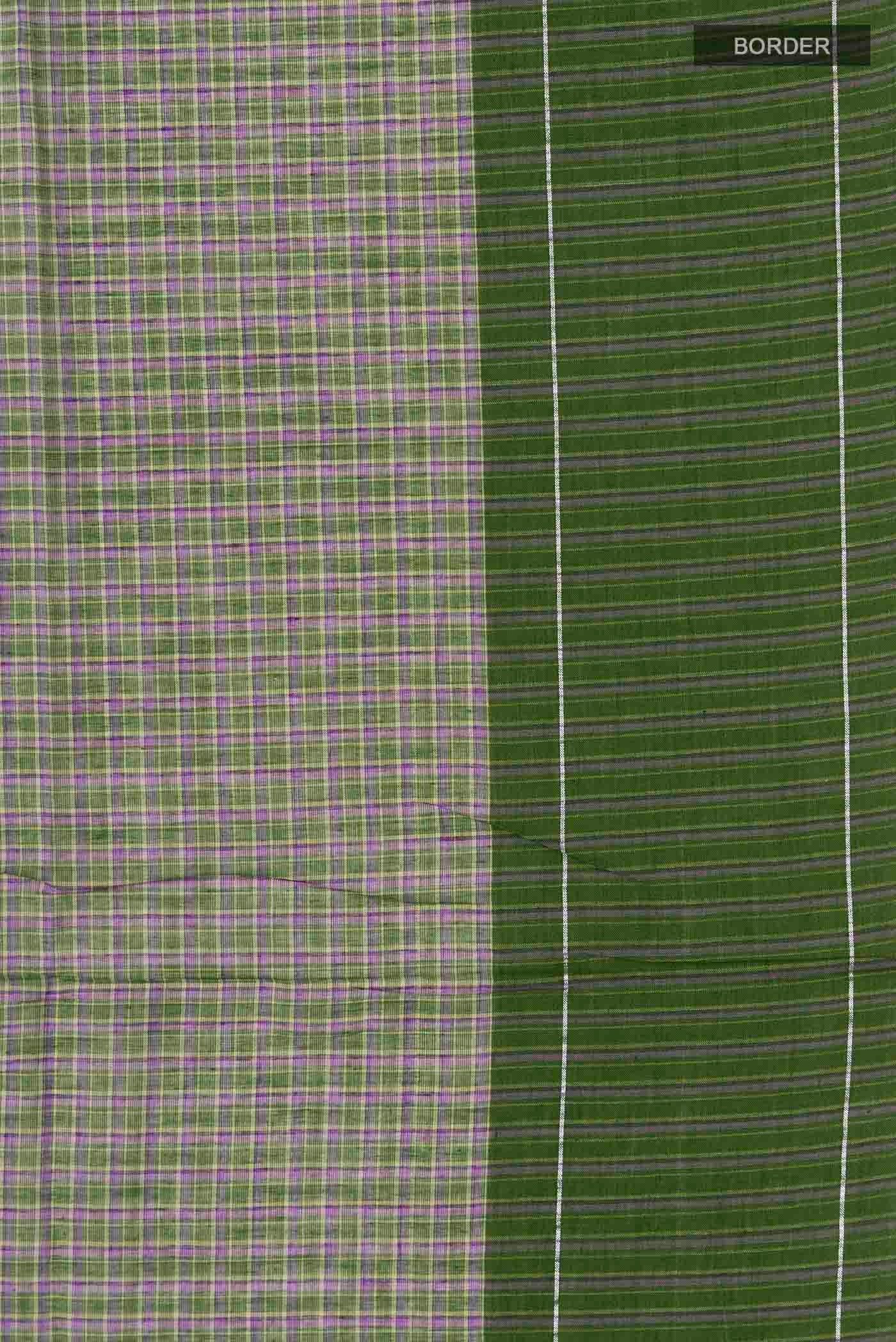 Border image of Patang features fine multi-coloured checks woven using four harmonious hues, creating a lively yet balanced design Translating to ?te)n Hindi, the saree reflects the light, easy spirit of a patang gliding across an open sky The border and pallu are minimal, finished with delicate zari accents that add subtle richness With its balanced play of colour, it makes for a breathable, comfortable drape