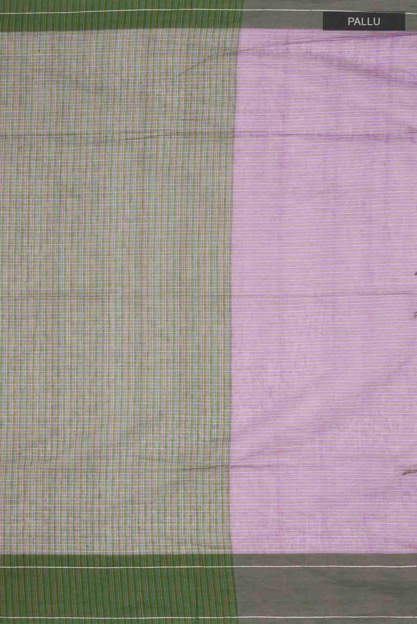 Close up image of the pallu of Patang features fine multi-coloured checks woven using four harmonious hues, creating a lively yet balanced design Translating to ?te)n Hindi, the saree reflects the light, easy spirit of a patang gliding across an open sky The border and pallu are minimal, finished with delicate zari accents that add subtle richness With its balanced play of colour, it makes for a breathable, comfortable drape