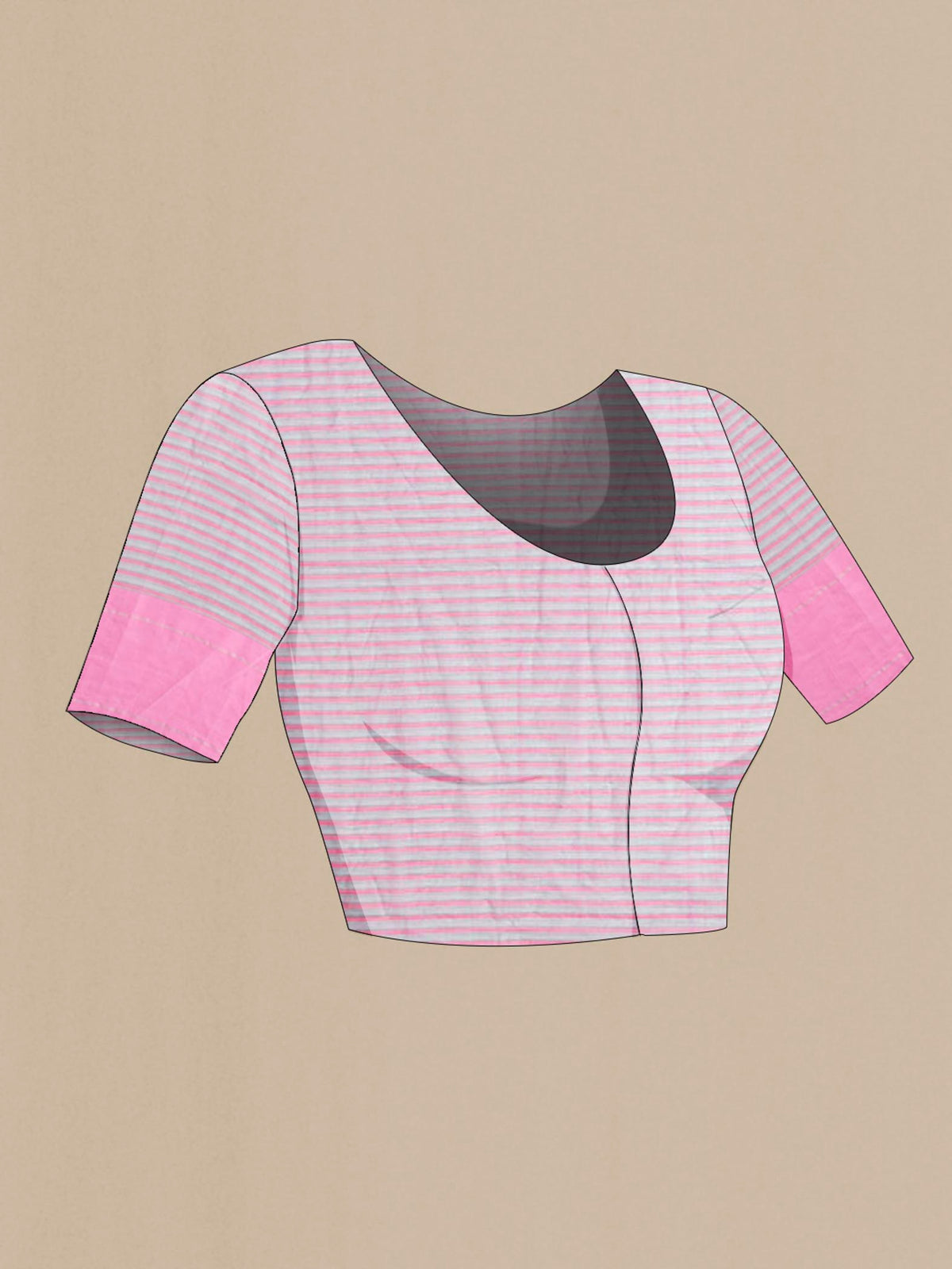 Close up image of the blouse of Patang features fine multi-coloured checks woven using four harmonious hues, creating a lively yet balanced design Translating to ?te)n Hindi, the saree reflects the light, easy spirit of a patang gliding across an open sky The border and pallu are minimal, finished with delicate zari accents that add subtle richness With its balanced play of colour, it makes for a breathable, comfortable drape