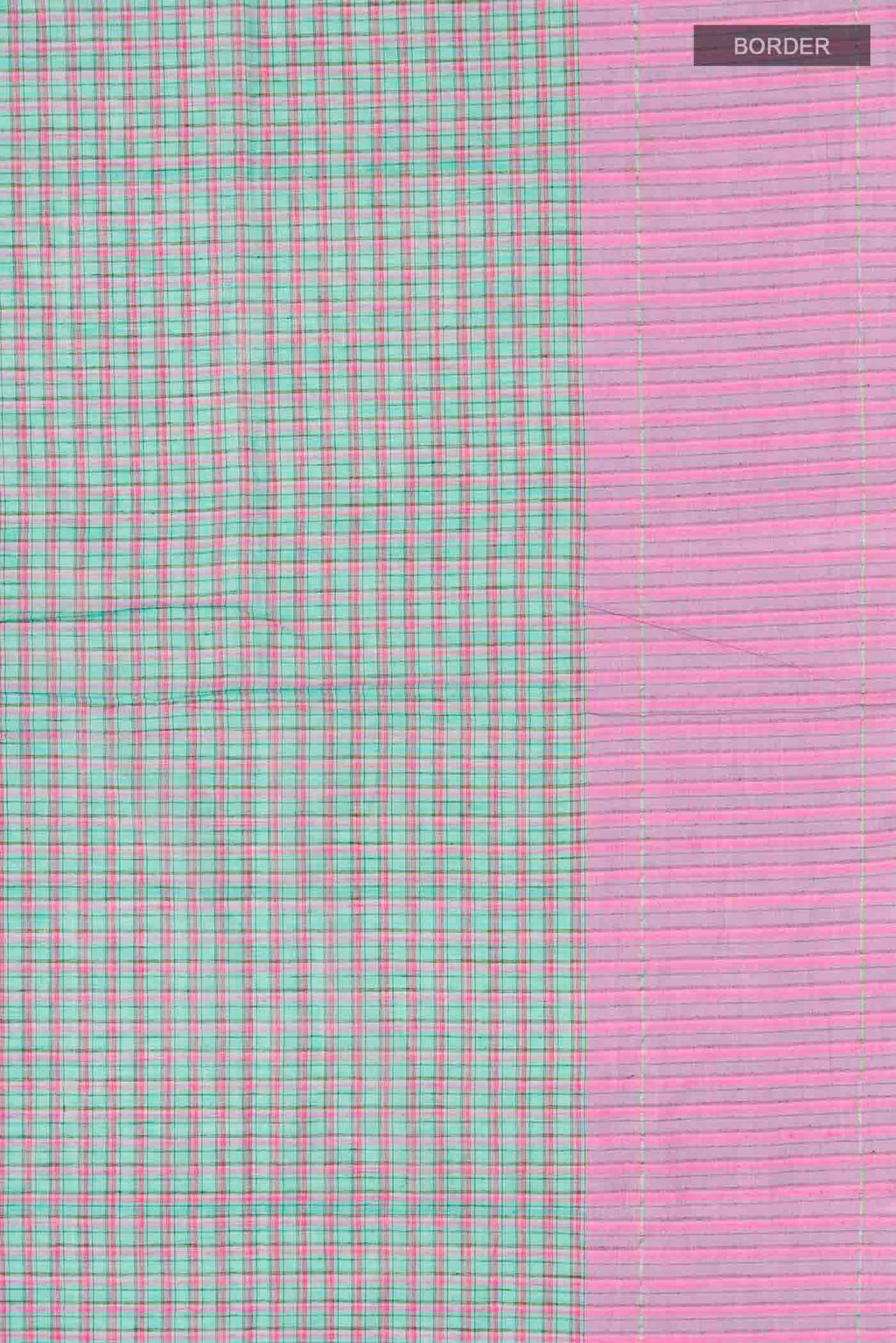 Border image of Patang features fine multi-coloured checks woven using four harmonious hues, creating a lively yet balanced design Translating to ?te)n Hindi, the saree reflects the light, easy spirit of a patang gliding across an open sky The border and pallu are minimal, finished with delicate zari accents that add subtle richness With its balanced play of colour, it makes for a breathable, comfortable drape