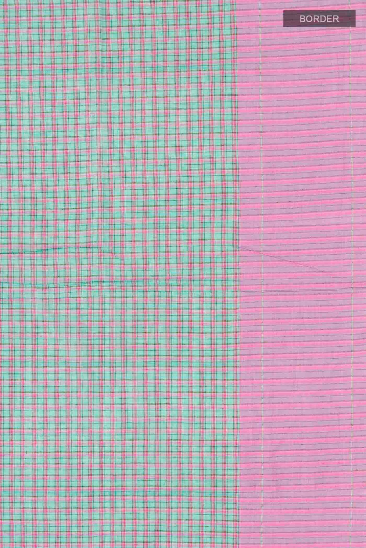 Border image of Patang features fine multi-coloured checks woven using four harmonious hues, creating a lively yet balanced design Translating to ?te)n Hindi, the saree reflects the light, easy spirit of a patang gliding across an open sky The border and pallu are minimal, finished with delicate zari accents that add subtle richness With its balanced play of colour, it makes for a breathable, comfortable drape